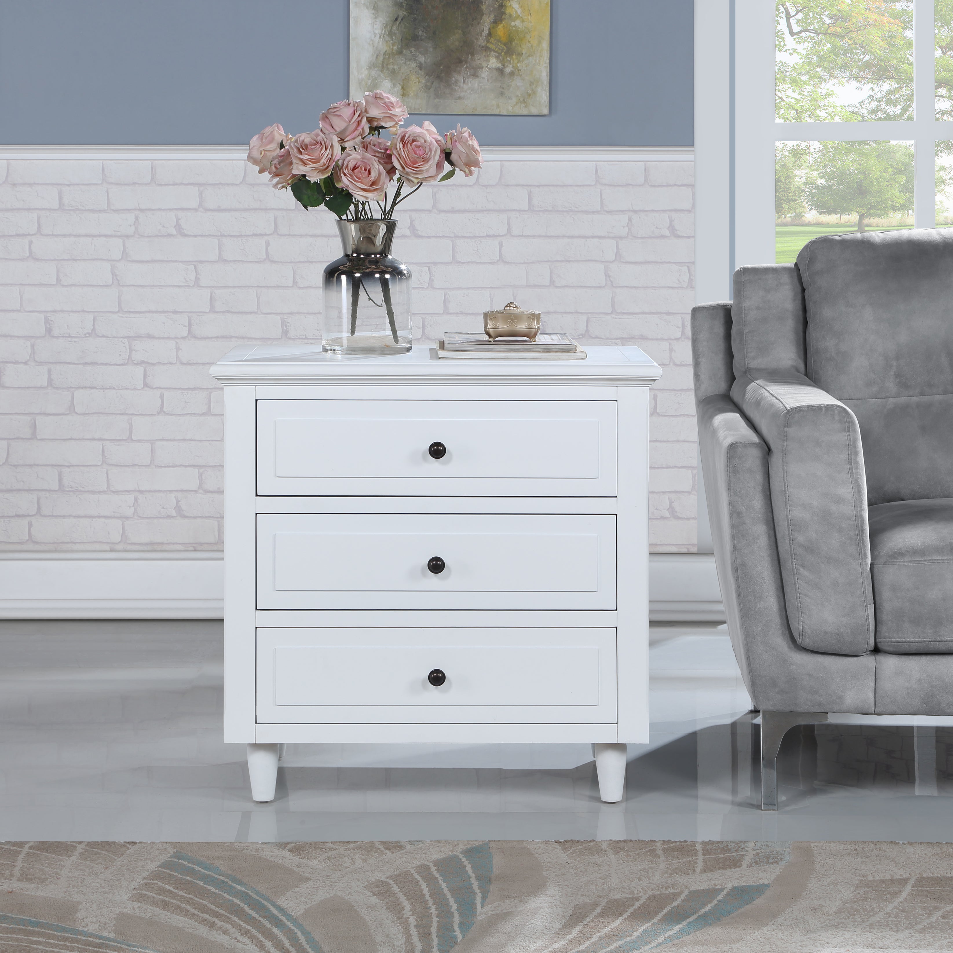 3-Drawer Pine Wood Nightstand in Black
