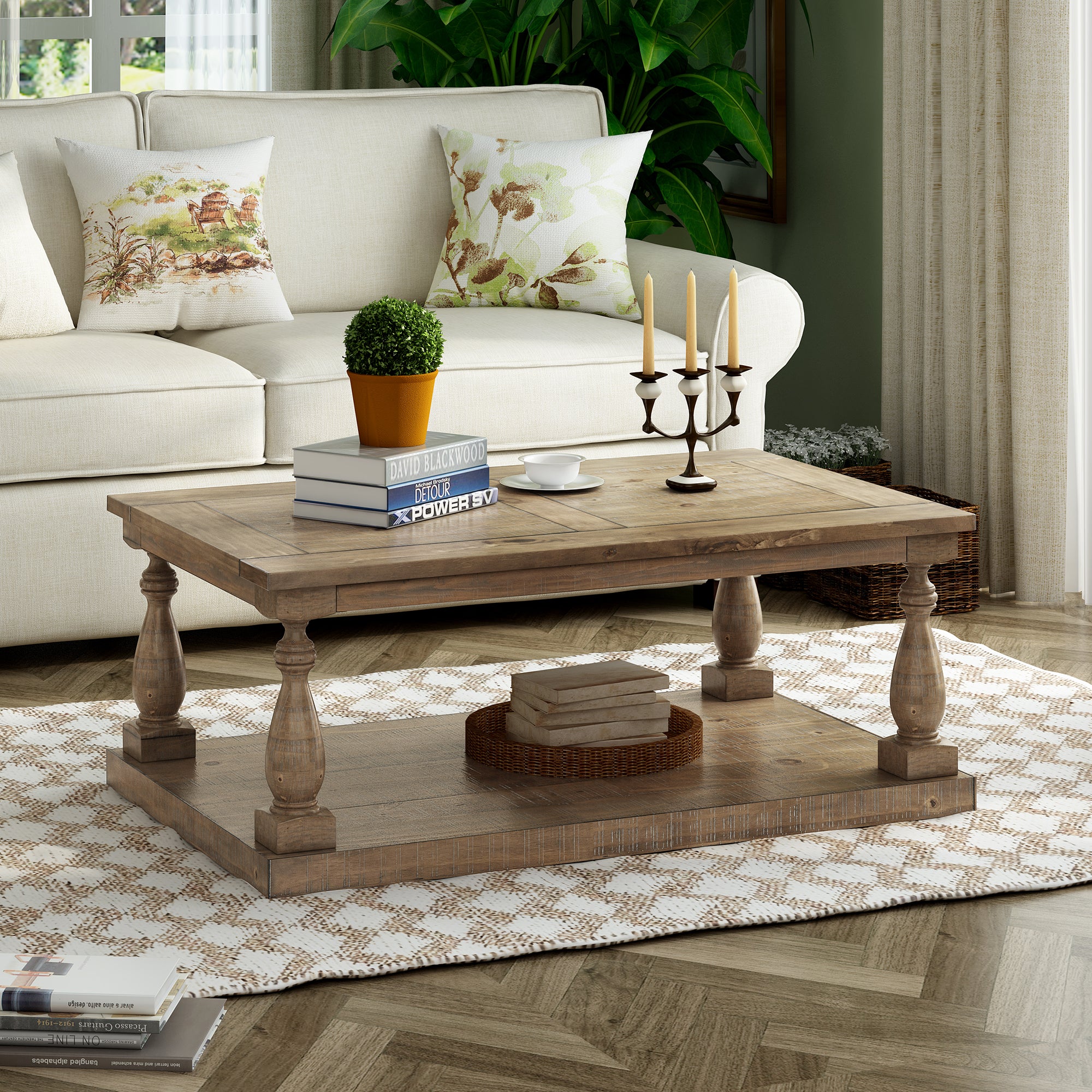 45 Inch Solid Pine Wood Coffee Table with Storage
