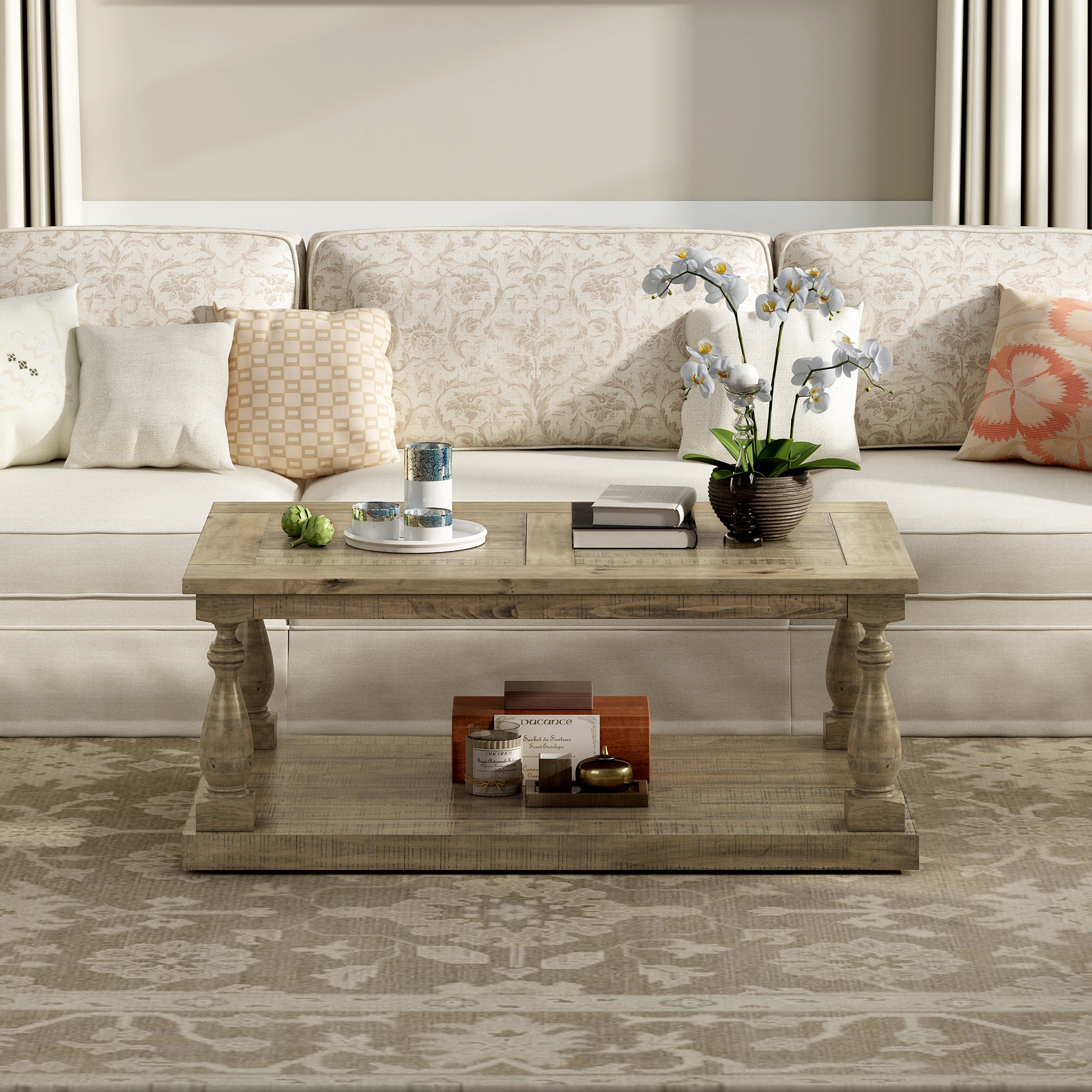 45 Inch Solid Pine Wood Coffee Table with Storage