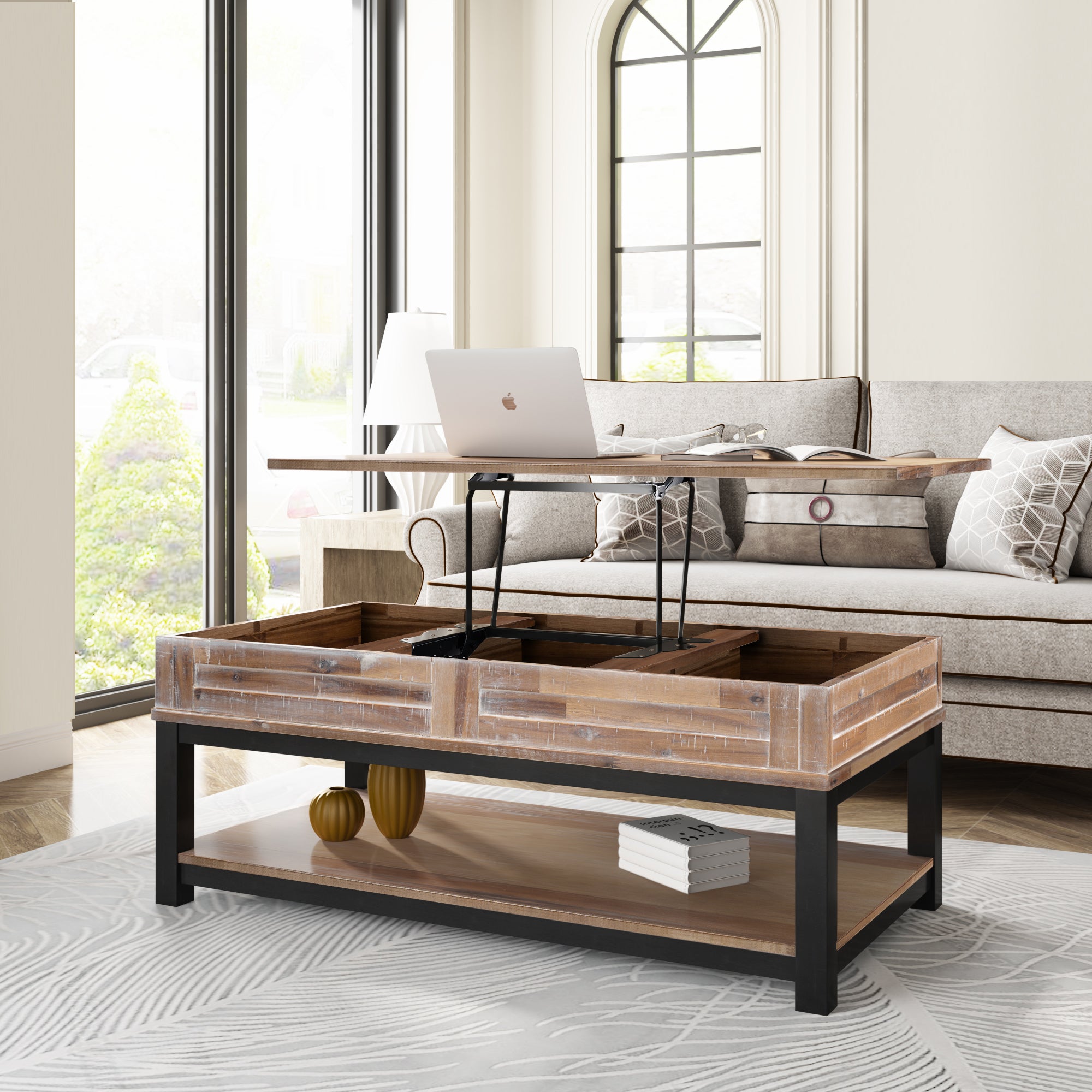 45 Inch MDF Coffee Table with Inner Storage Space and Shelf