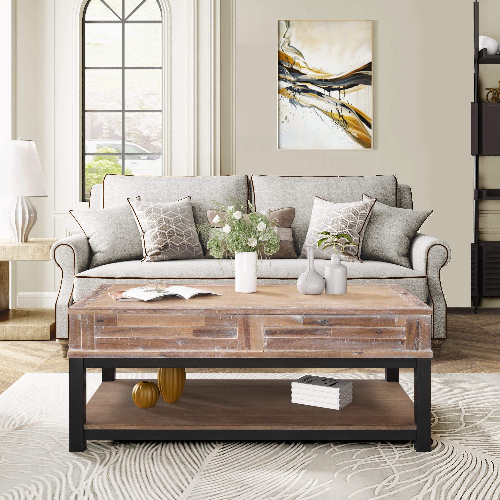 45 Inch MDF Coffee Table with Inner Storage Space and Shelf
