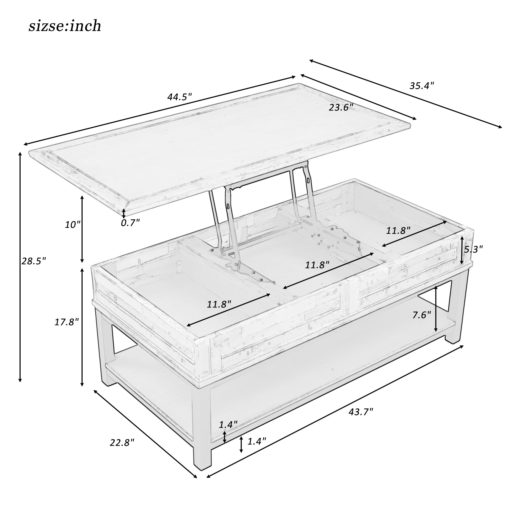 45 Inch MDF Coffee Table with Inner Storage Space and Shelf