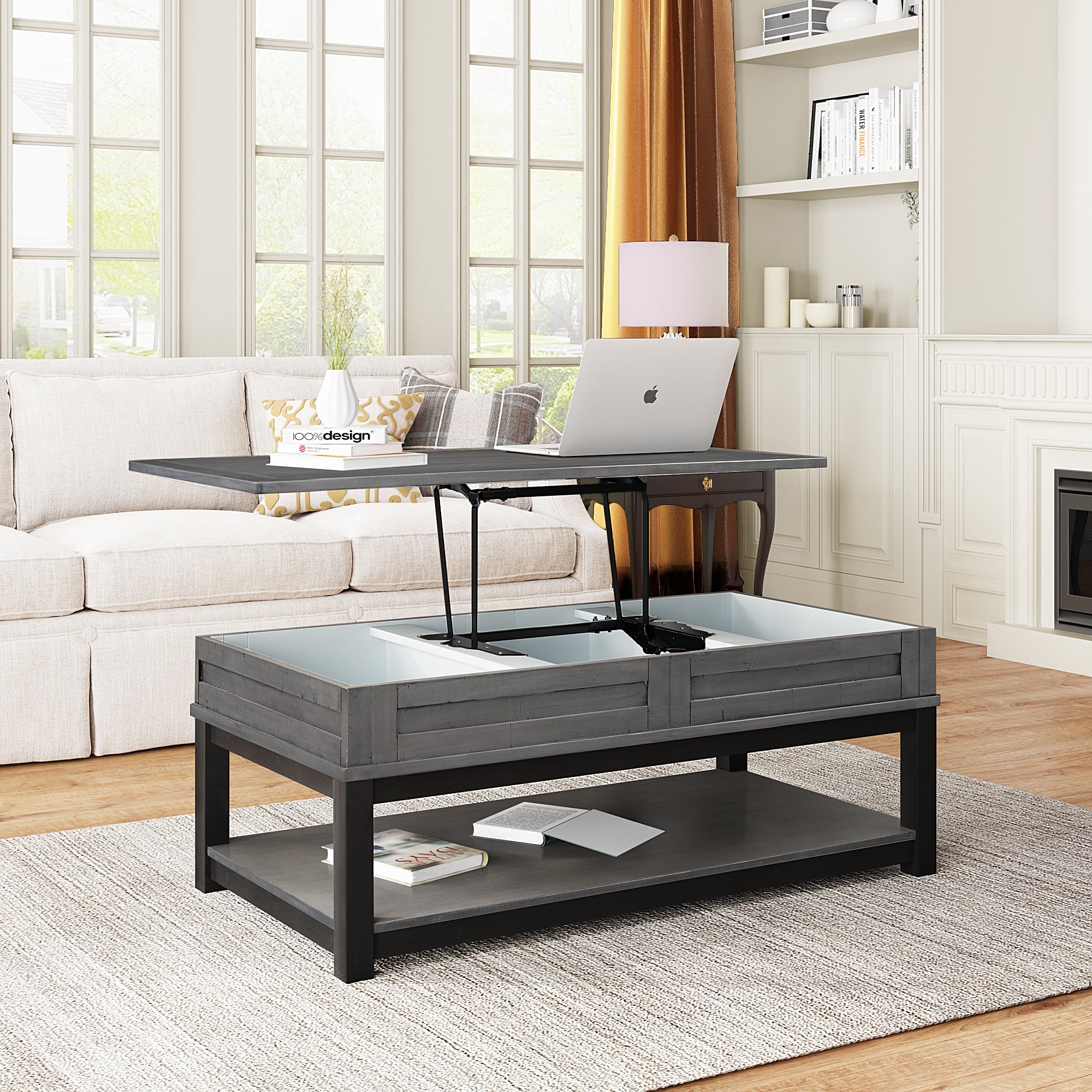 45 Inch MDF Coffee Table with Inner Storage Space and Shelf