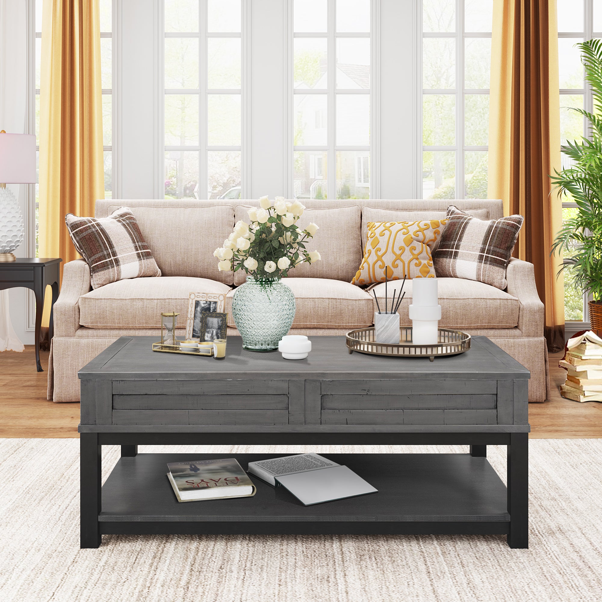 45 Inch MDF Coffee Table with Inner Storage Space and Shelf