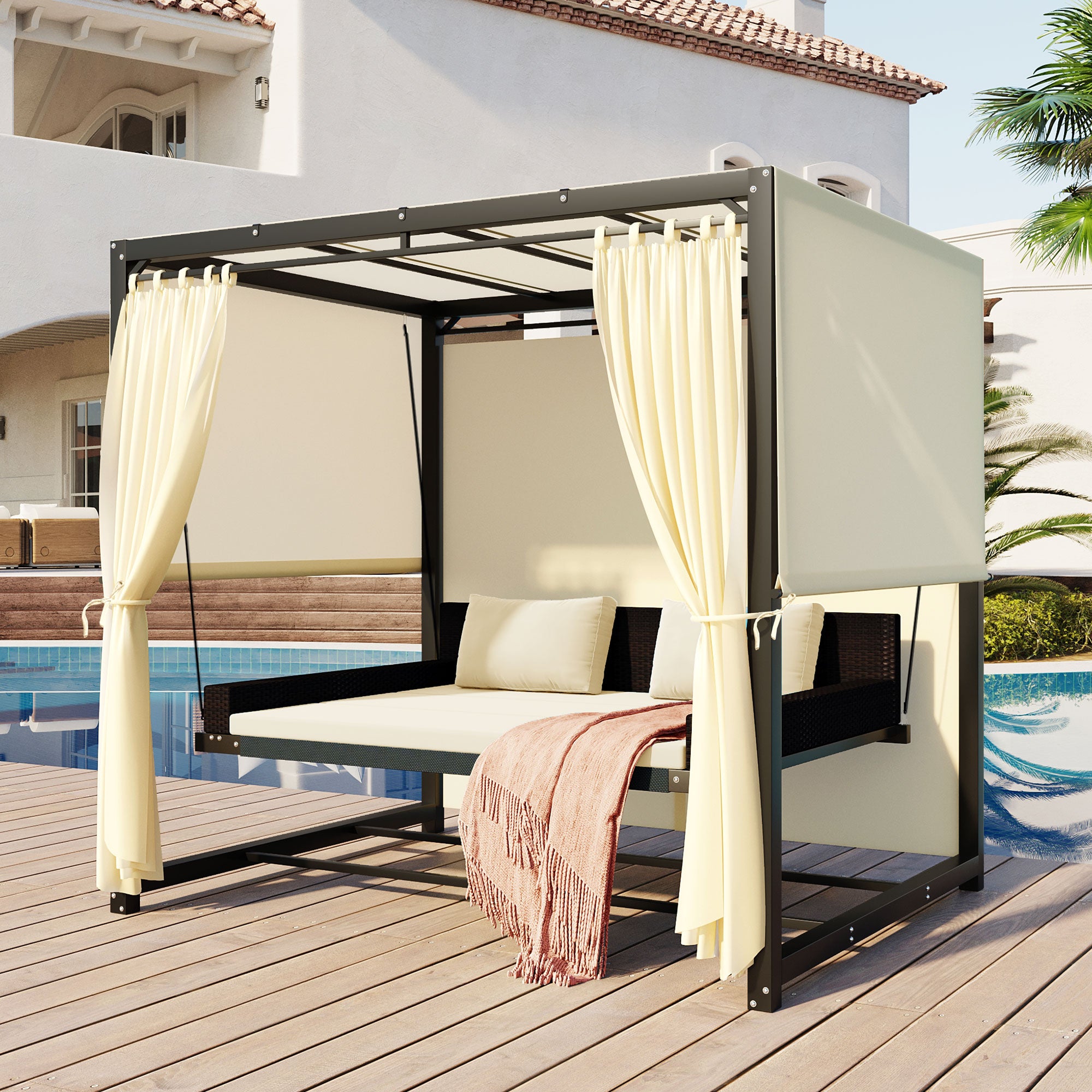 2-3 People Outdoor Swing Bed and Adjustable Curtains