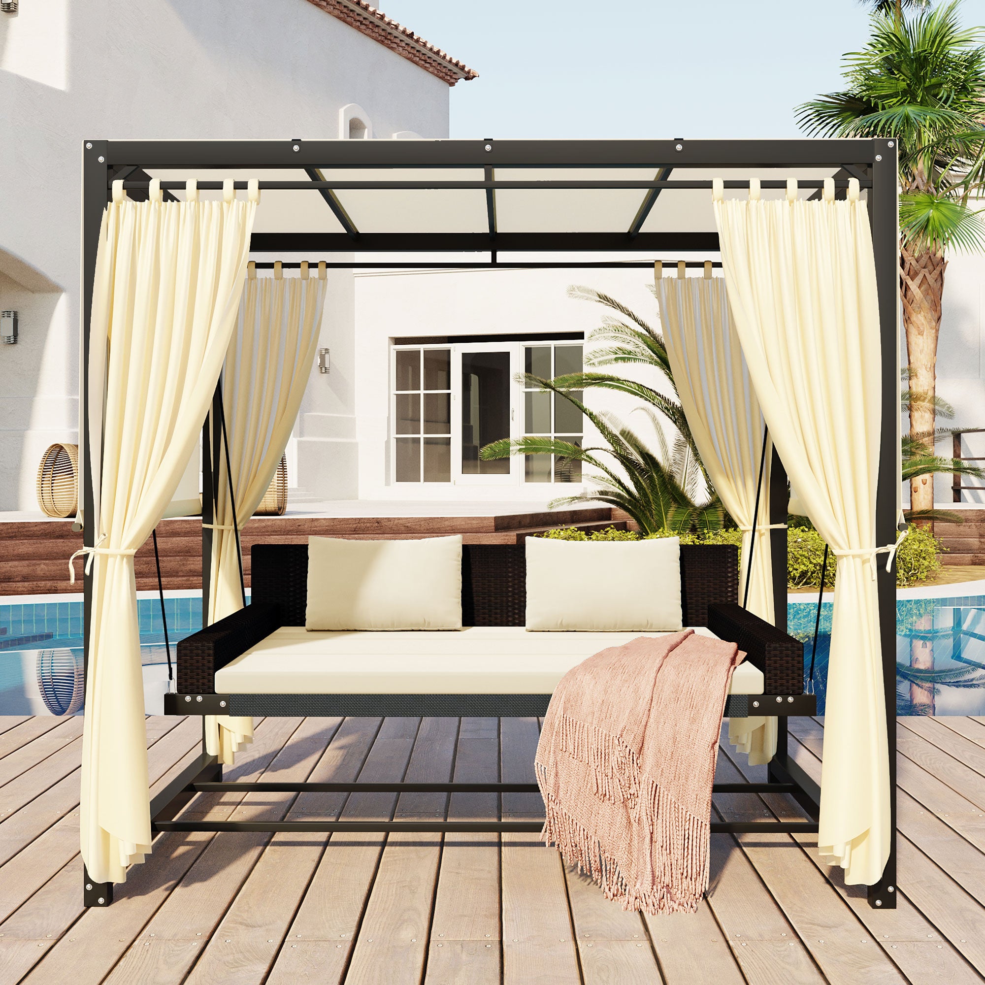 2-3 People Outdoor Swing Bed and Adjustable Curtains