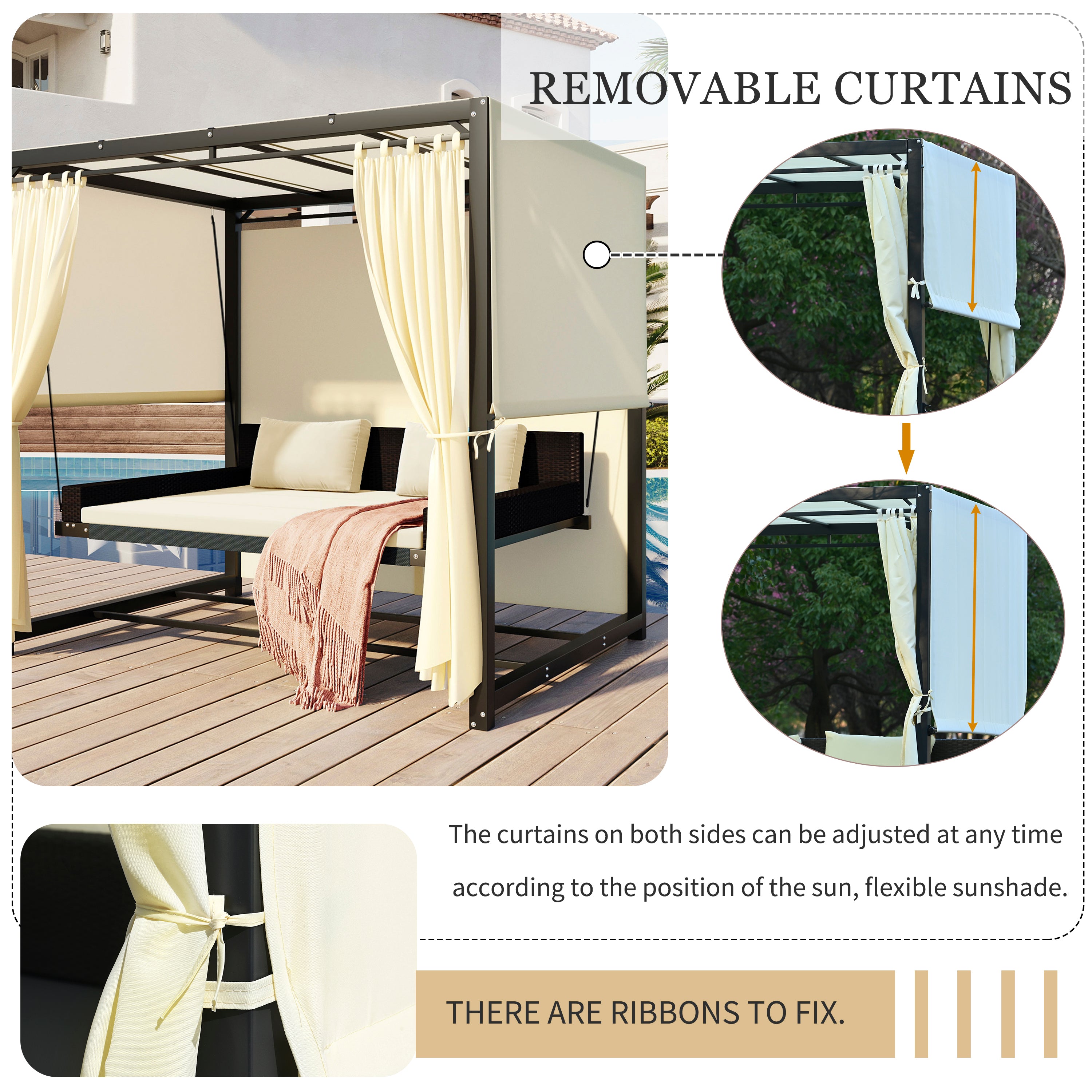 2-3 People Outdoor Swing Bed and Adjustable Curtains