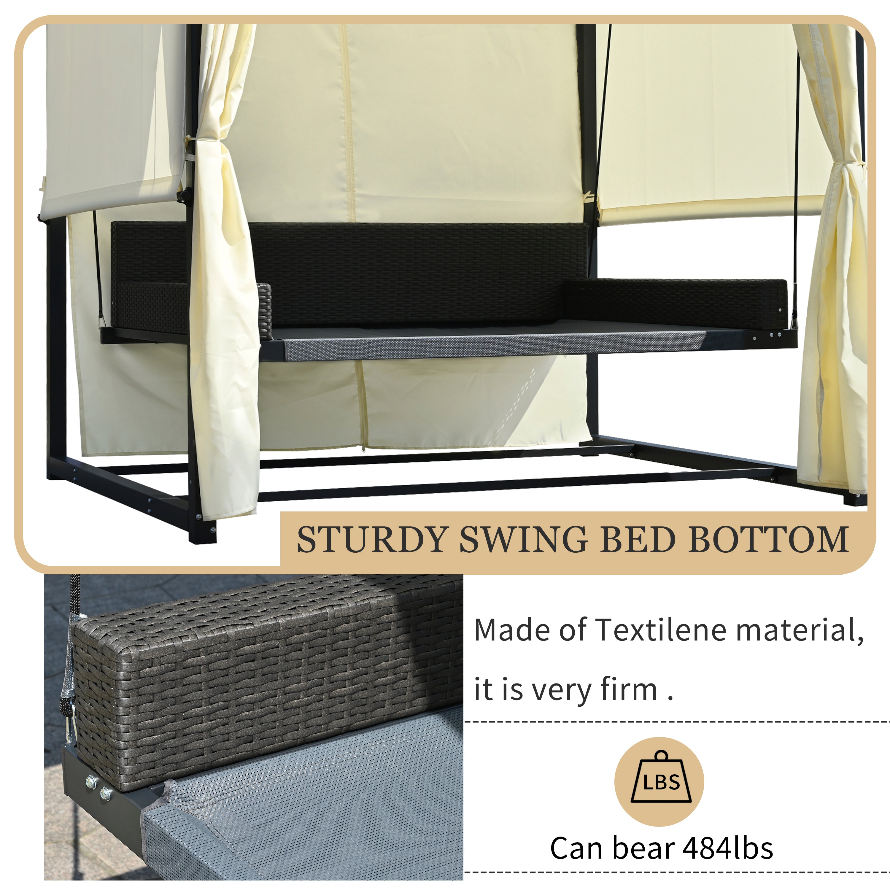 2-3 People Outdoor Swing Bed and Adjustable Curtains