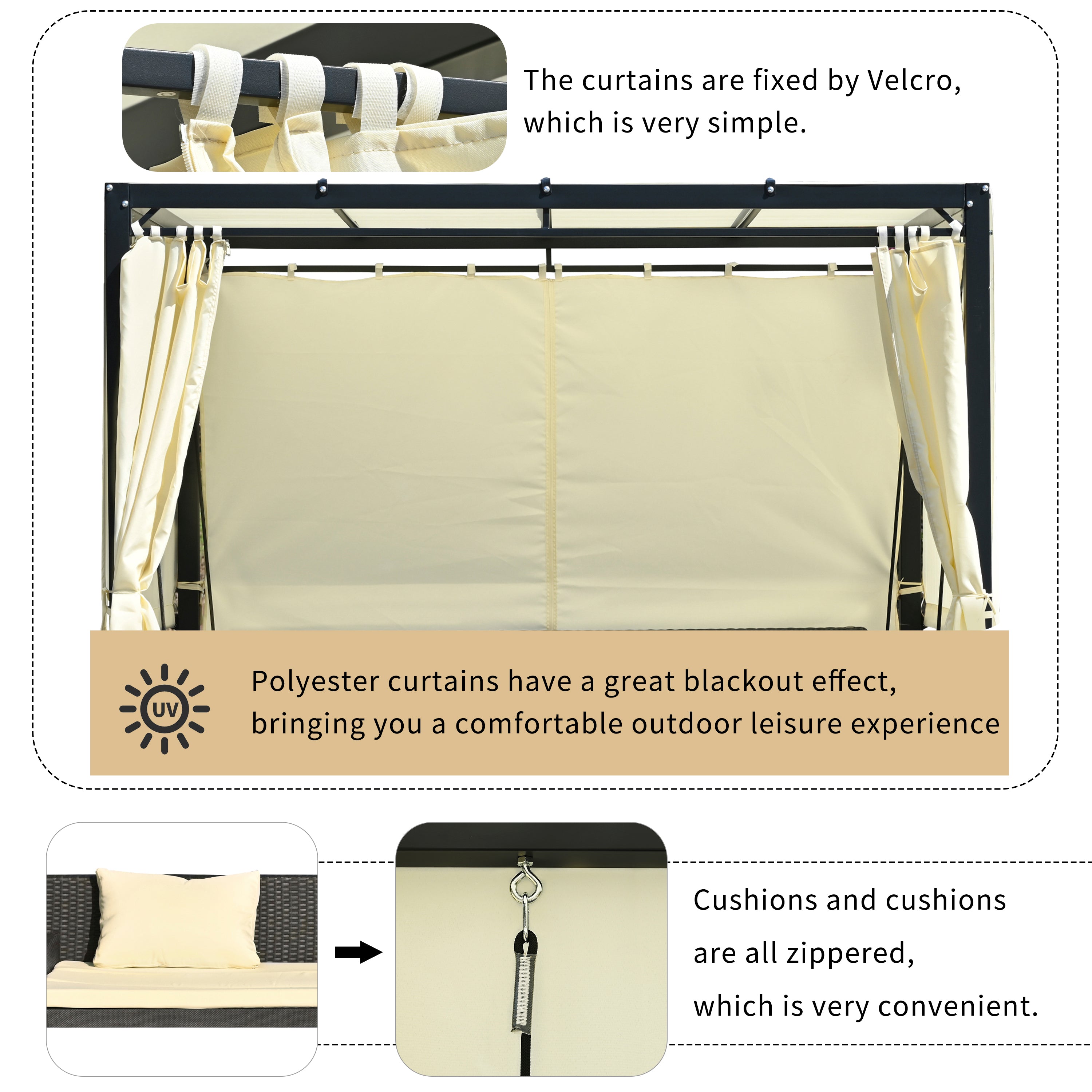 2-3 People Outdoor Swing Bed and Adjustable Curtains