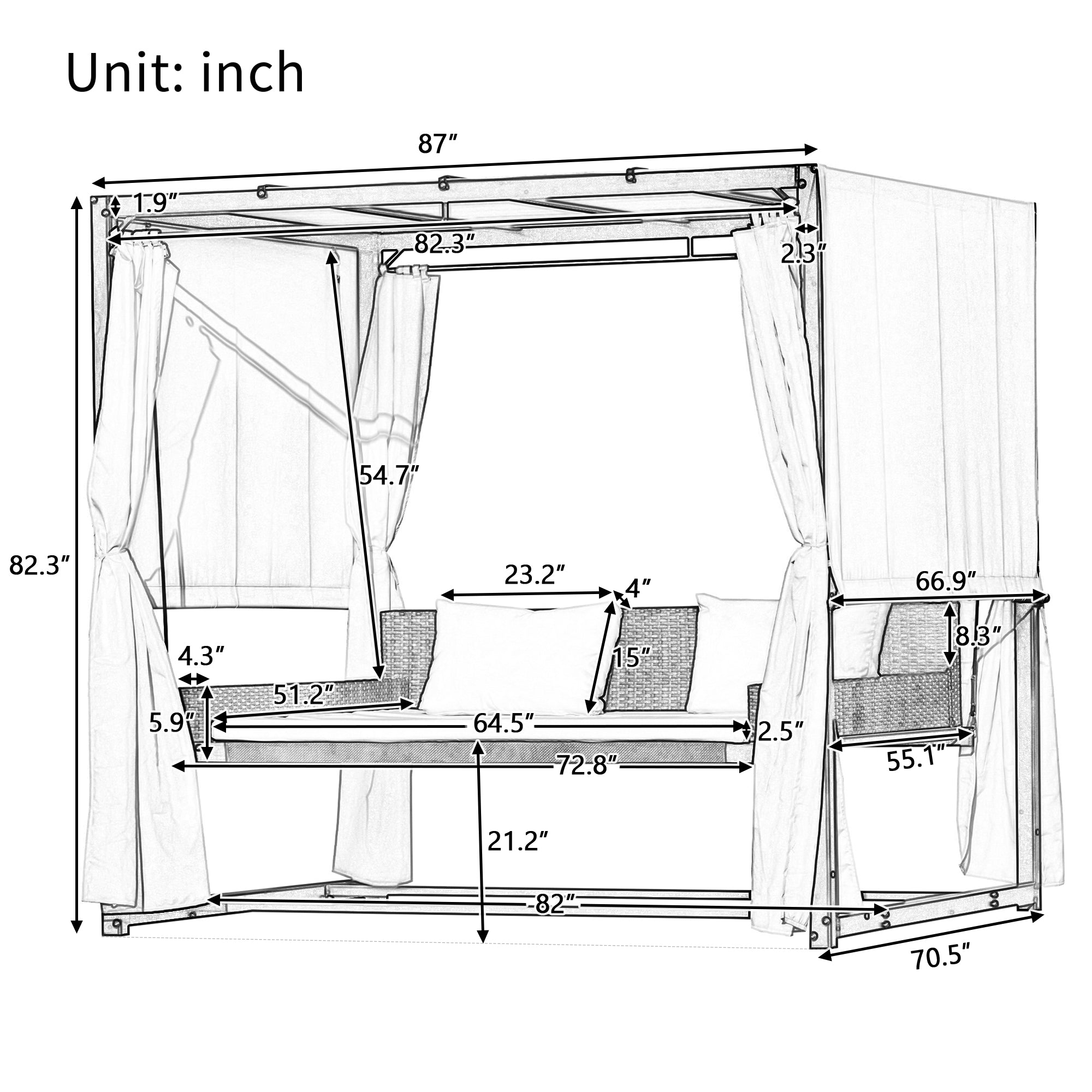 2-3 People Outdoor Swing Bed and Adjustable Curtains