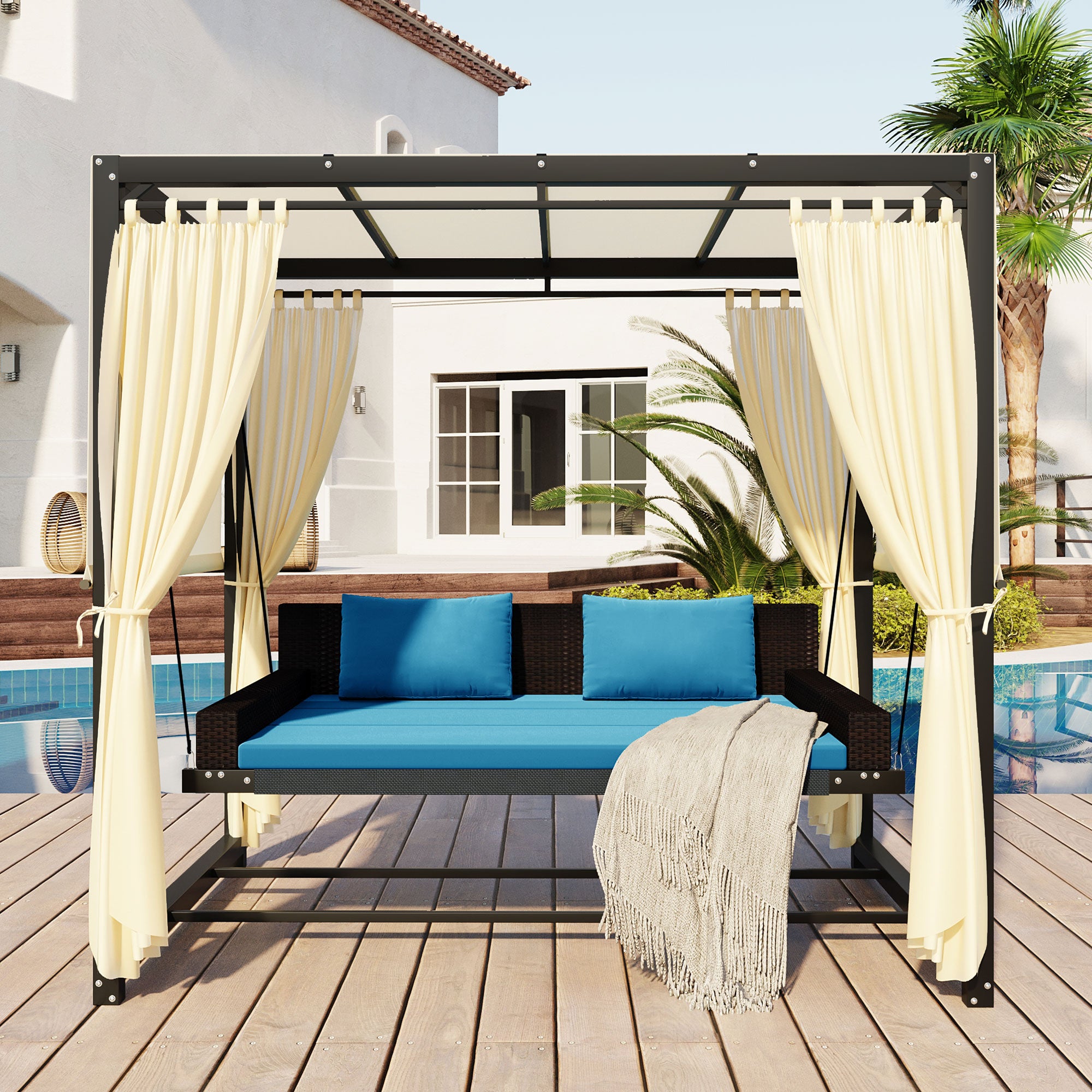2-3 People Outdoor Swing Bed and Adjustable Curtains