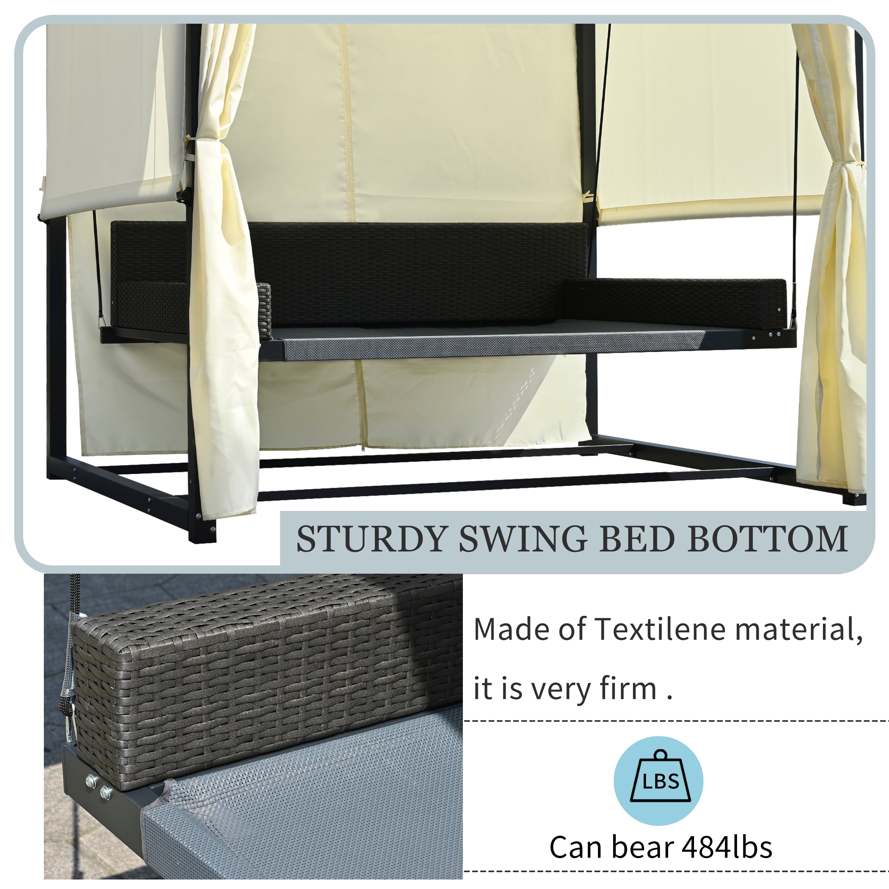 2-3 People Outdoor Swing Bed and Adjustable Curtains