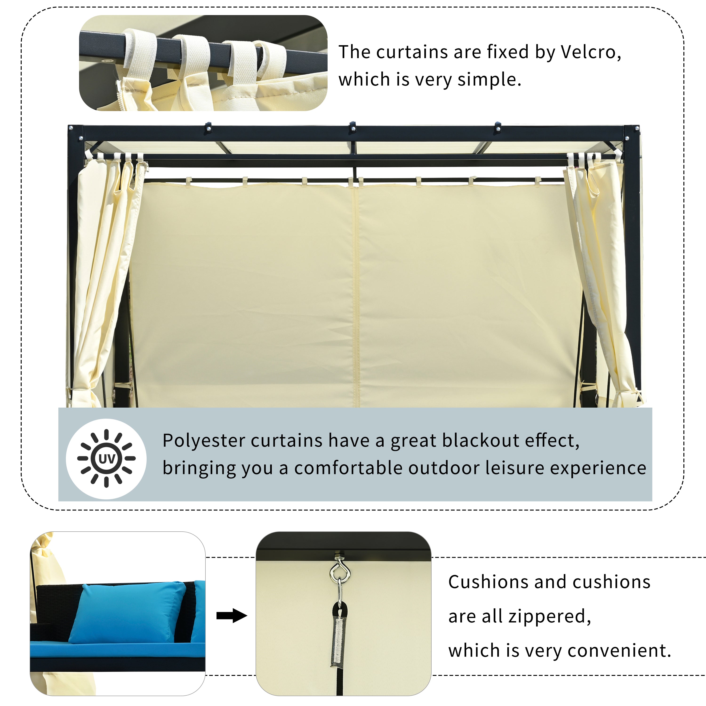 2-3 People Outdoor Swing Bed and Adjustable Curtains