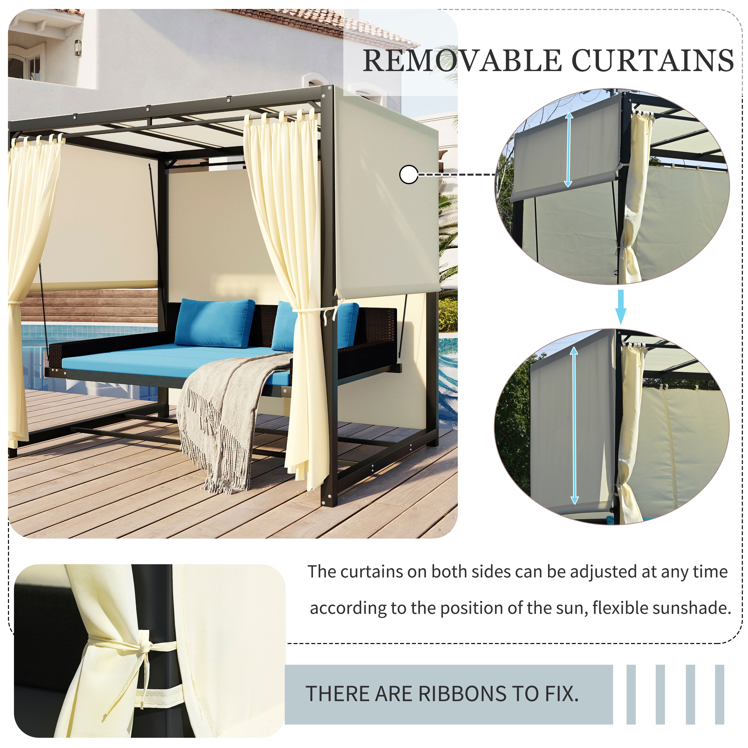 2-3 People Outdoor Swing Bed and Adjustable Curtains