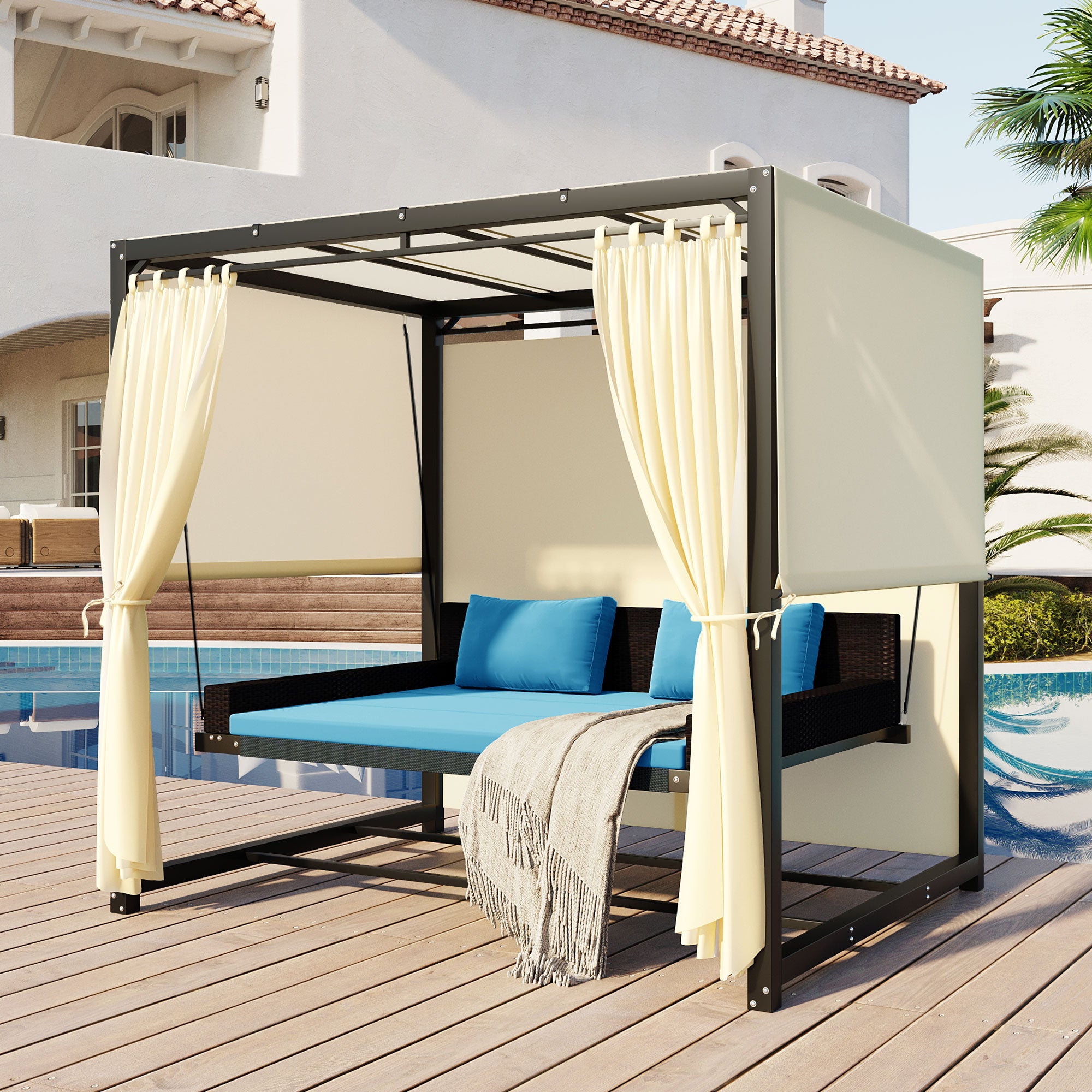 2-3 People Outdoor Swing Bed and Adjustable Curtains
