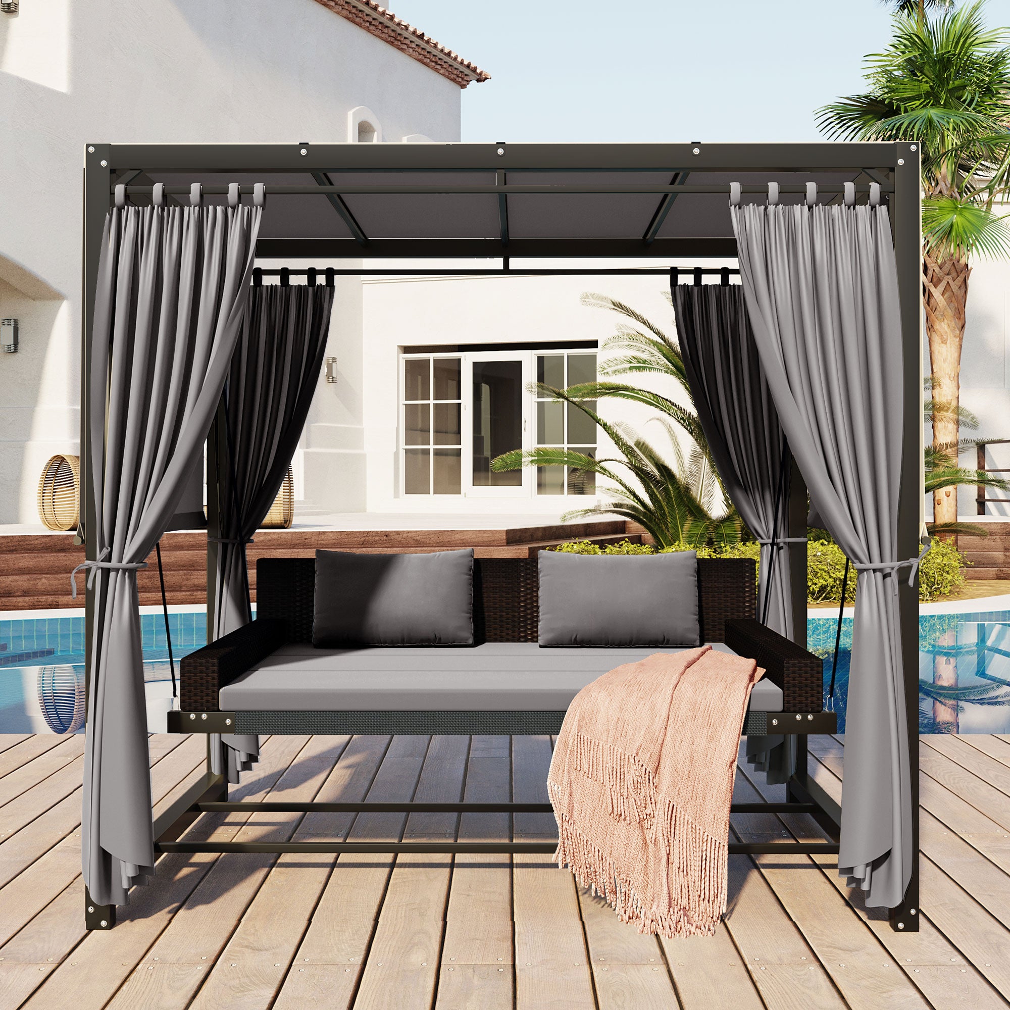 2-3 People Outdoor Swing Bed and Adjustable Curtains