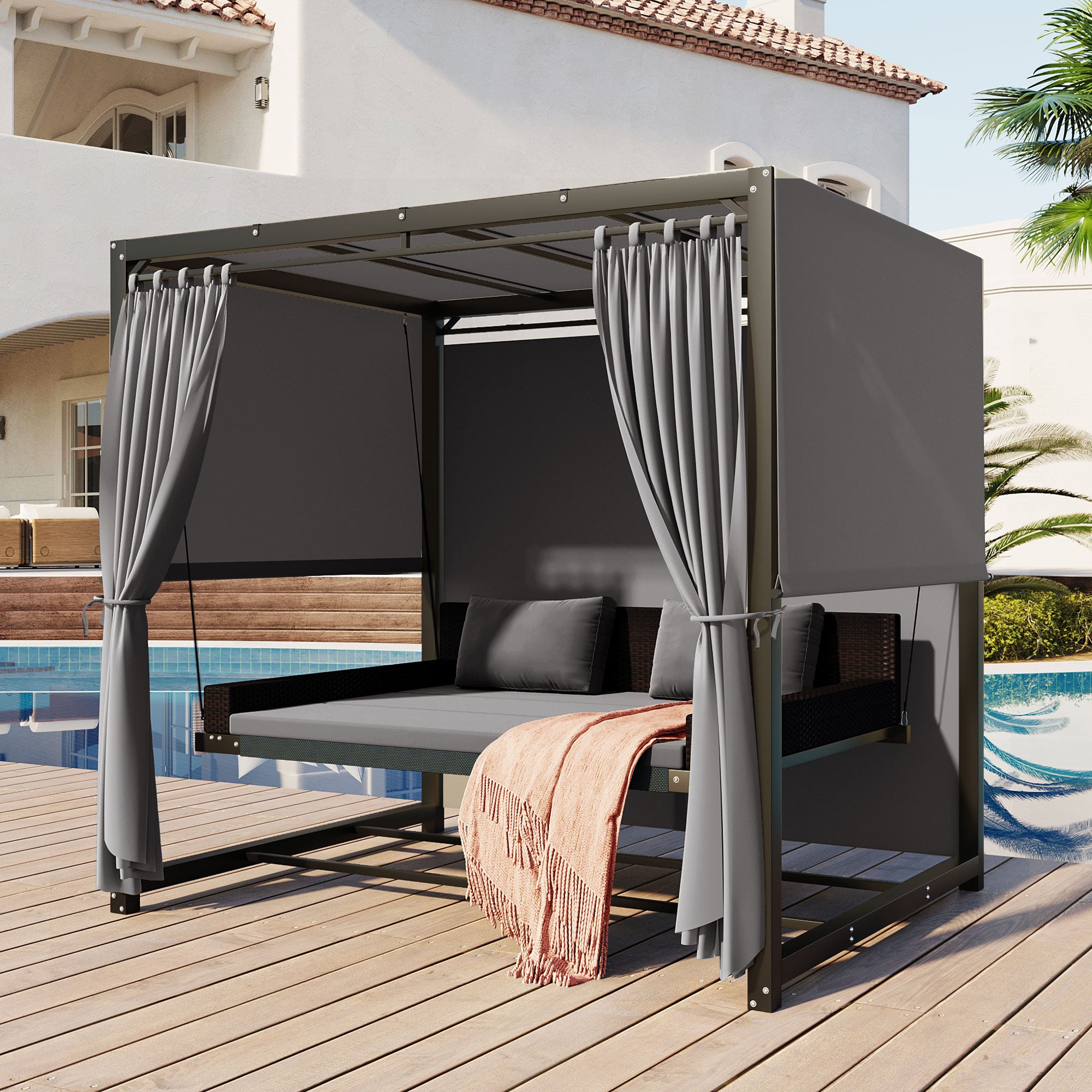 2-3 People Outdoor Swing Bed and Adjustable Curtains