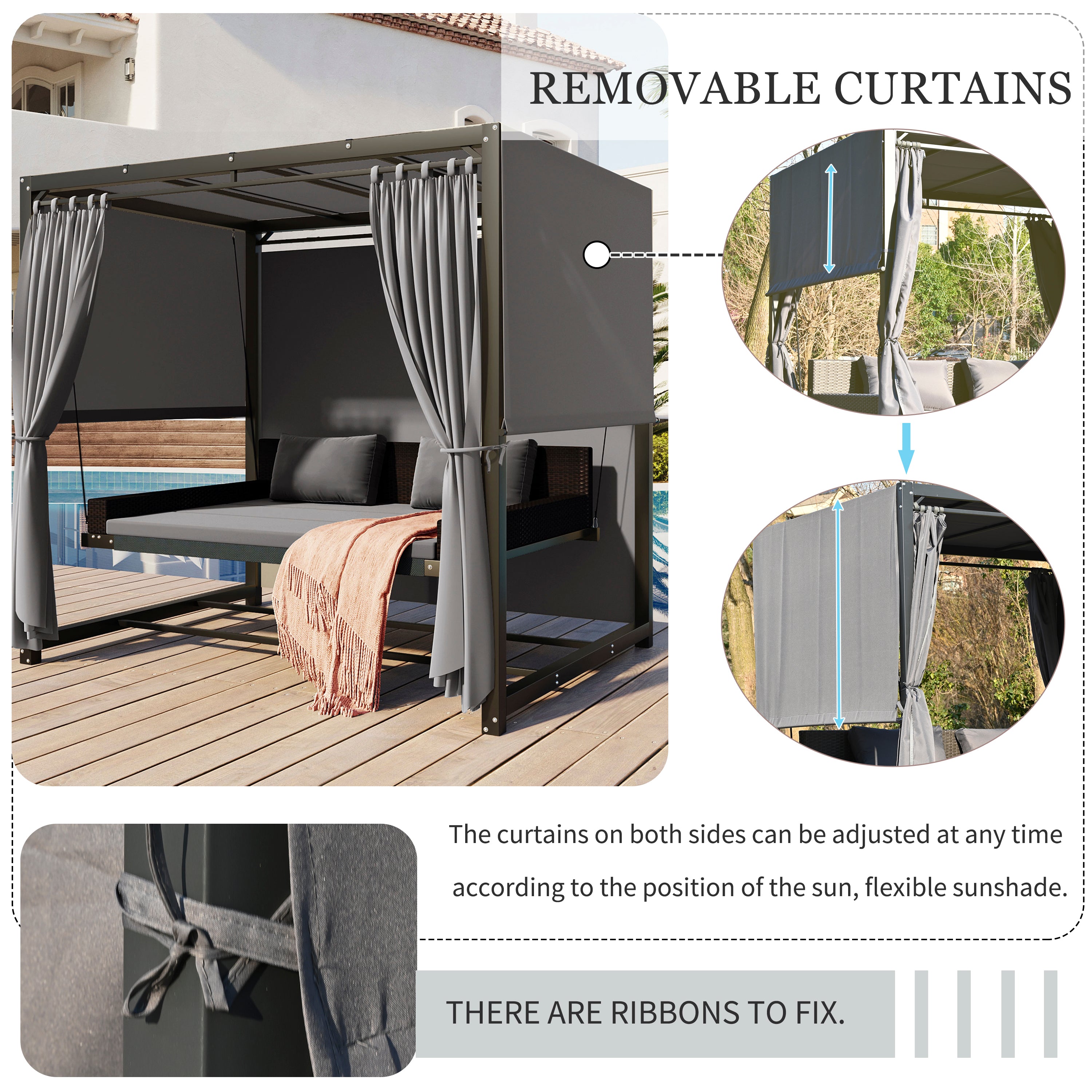 2-3 People Outdoor Swing Bed and Adjustable Curtains