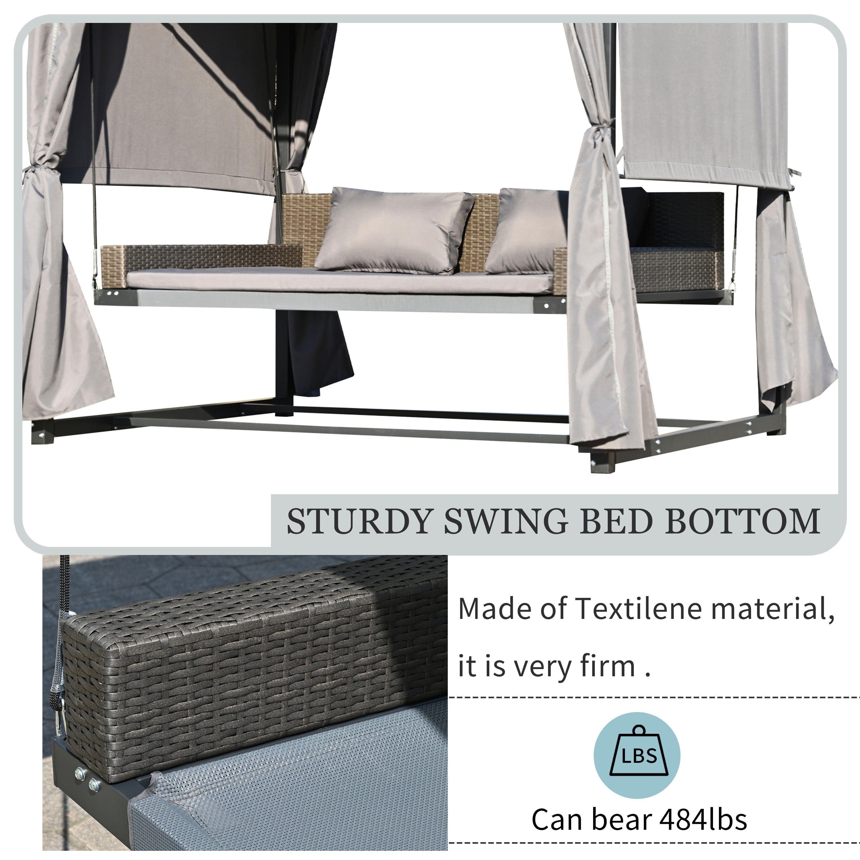 2-3 People Outdoor Swing Bed and Adjustable Curtains