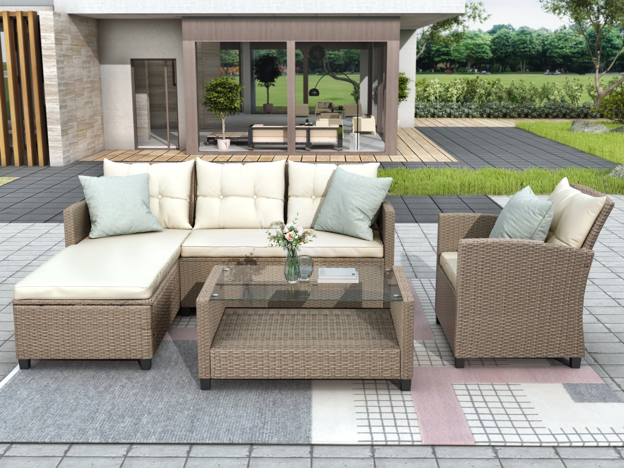 4-Piece Outdoor Rattan Reversible Patio Sectional Sofa with Seat Cushions