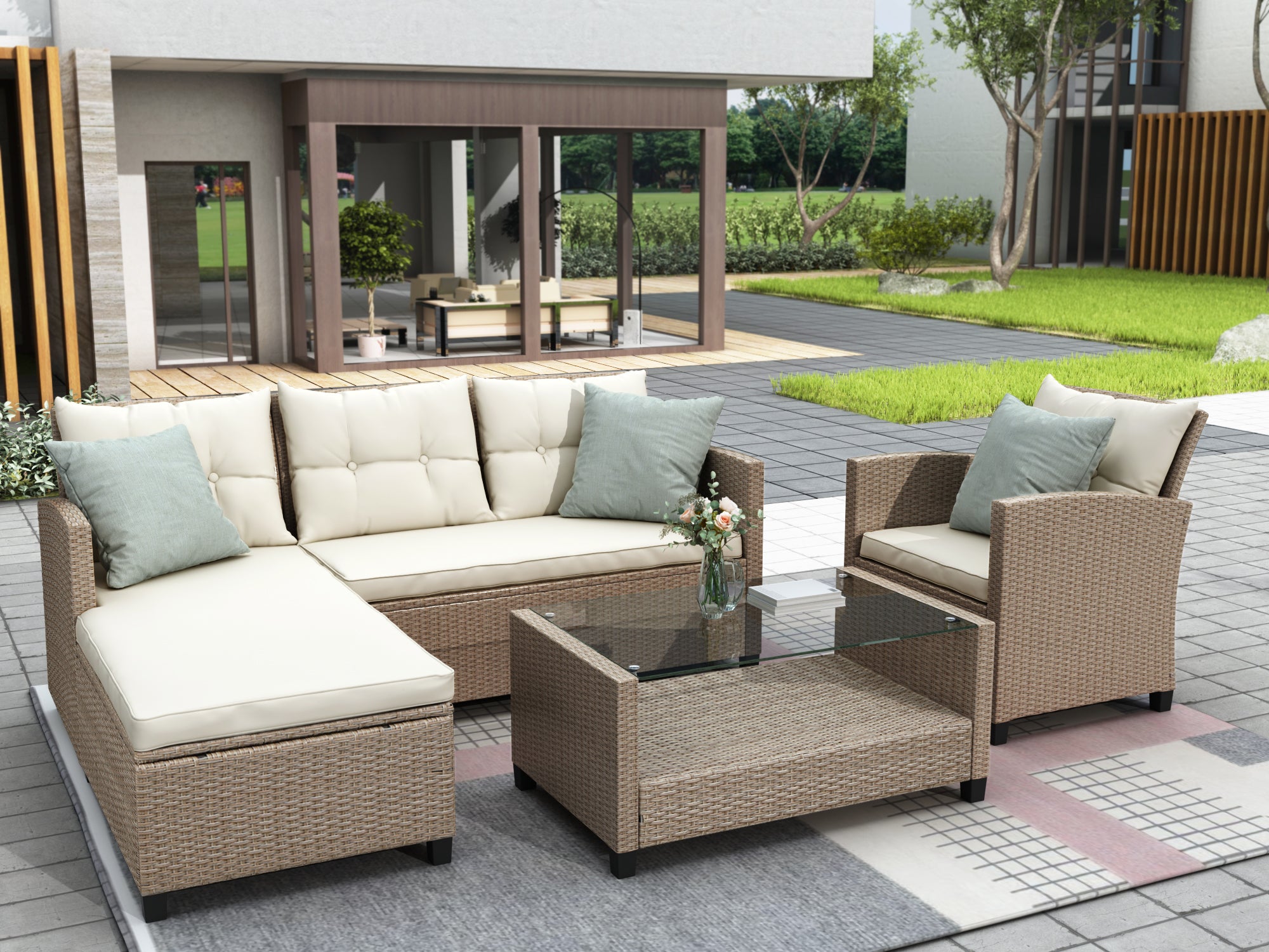 4-Piece Outdoor Rattan Reversible Patio Sectional Sofa with Seat Cushions