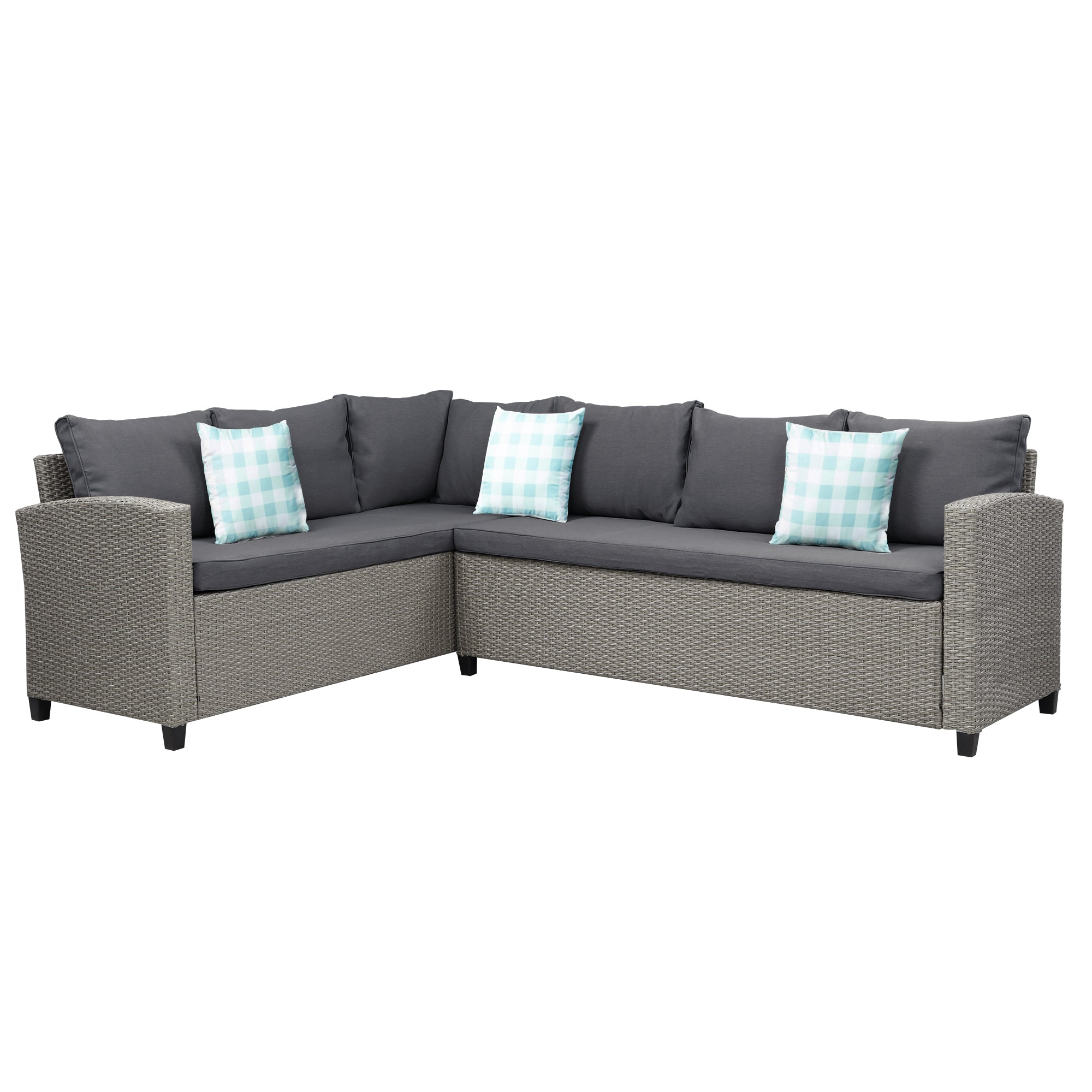 5 Piece Outdoor Rattan Conversation Set, Dining Table Chair with Ottoman and Throw Pillows