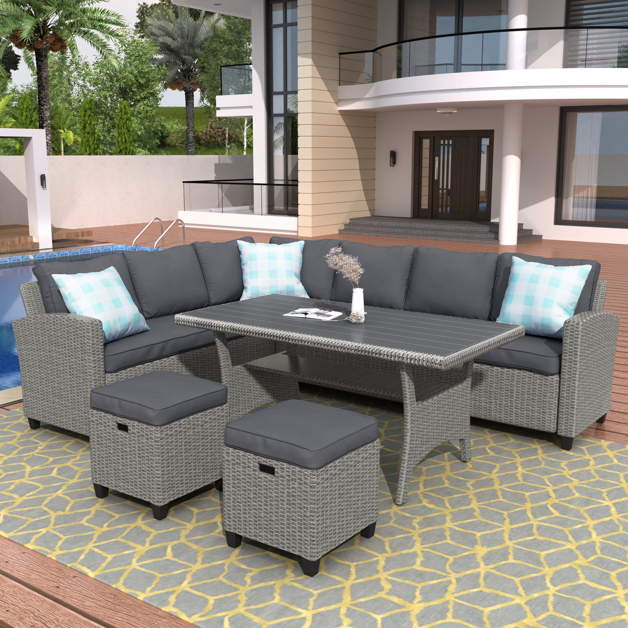 5 Piece Outdoor Rattan Conversation Set, Dining Table Chair with Ottoman and Throw Pillows
