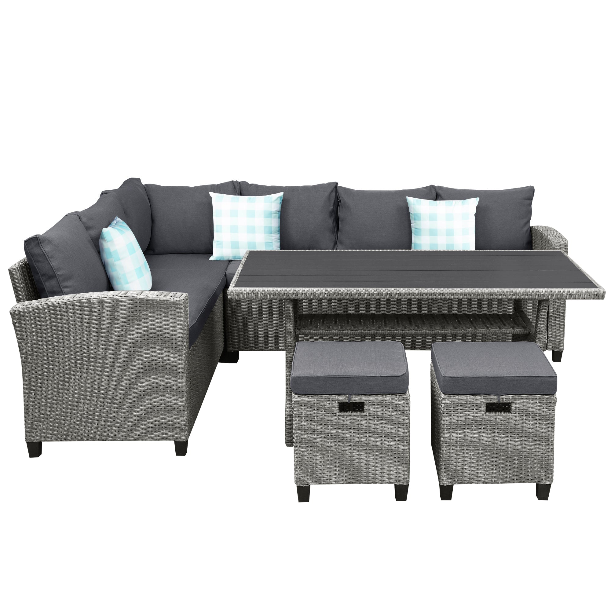 5 Piece Outdoor Rattan Conversation Set, Dining Table Chair with Ottoman and Throw Pillows