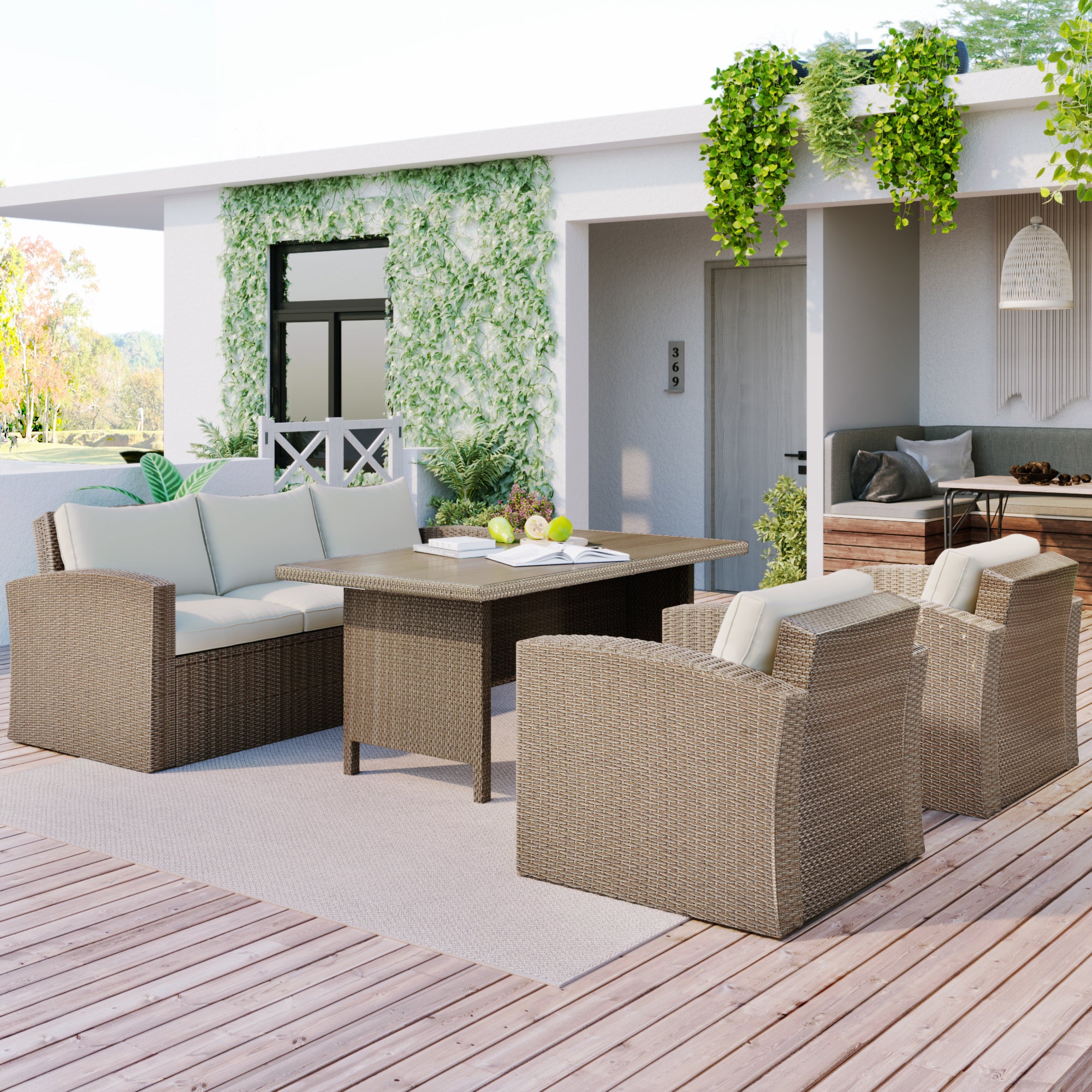4 Piece Outdoor Rattan Reversible Paito Sofa with Cushions