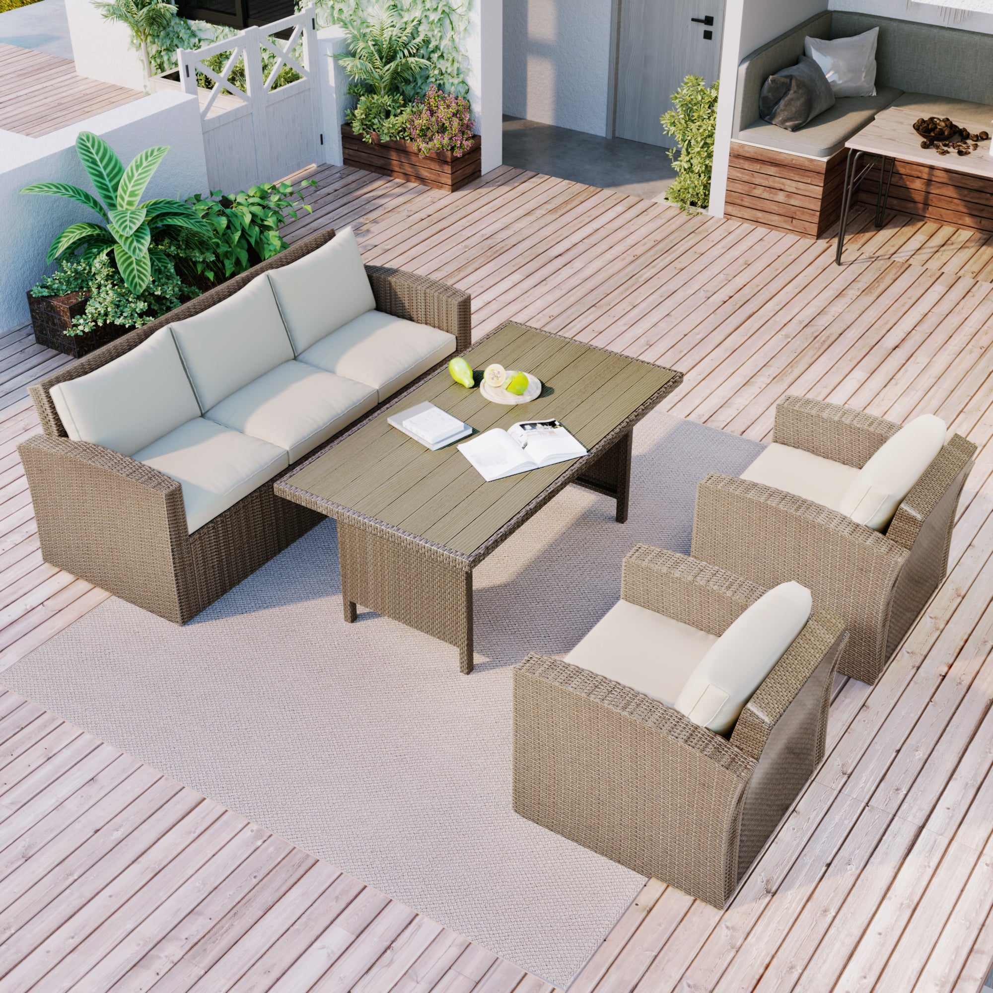 4 Piece Outdoor Rattan Reversible Paito Sofa with Cushions