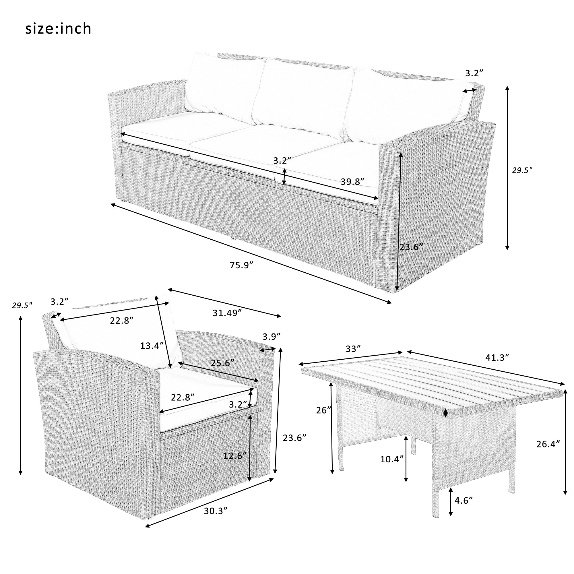 4 Piece Outdoor Rattan Reversible Paito Sofa with Cushions