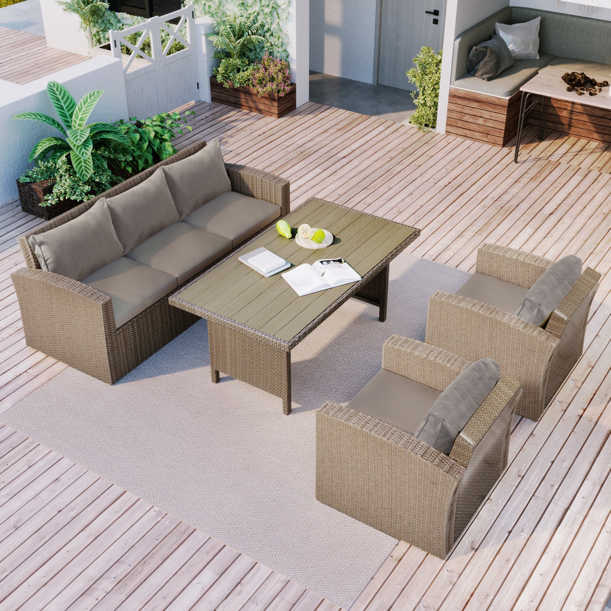 4 Piece Outdoor Rattan Reversible Paito Sofa with Cushions