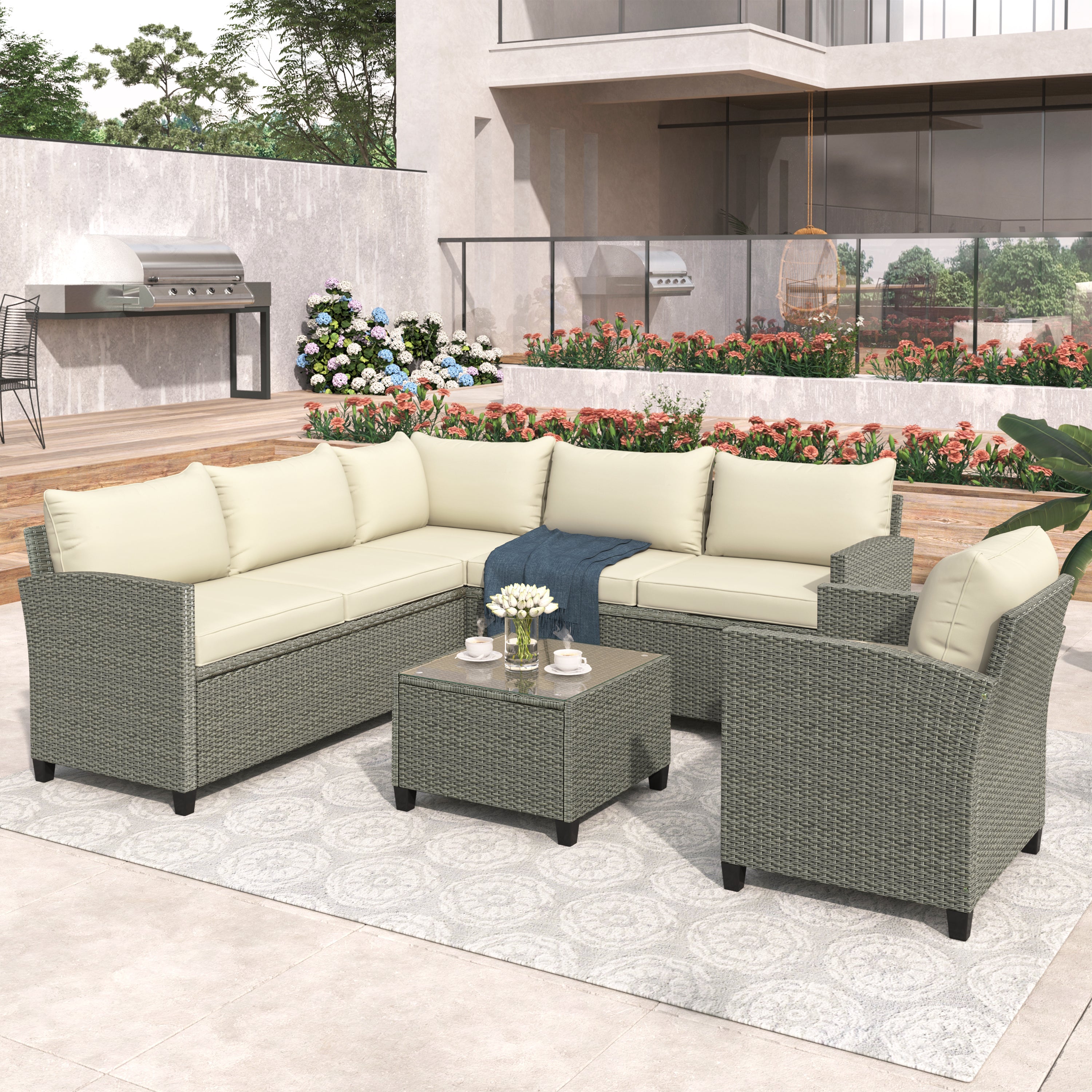 5 Piece Outdoor Rattan Reversible Patio Sofa with Coffee Table,Cushions and Single Chair