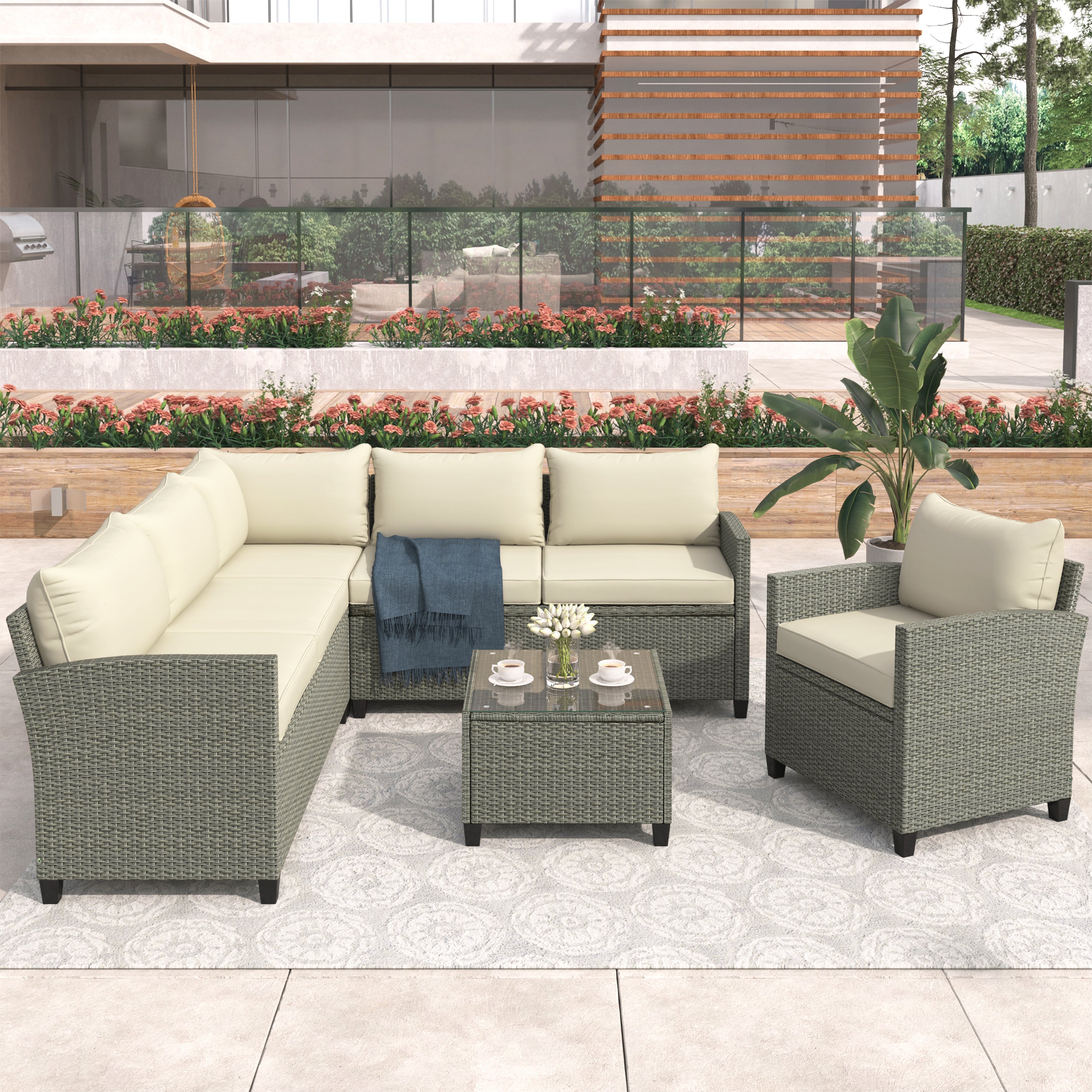 5 Piece Outdoor Rattan Reversible Patio Sofa with Coffee Table,Cushions and Single Chair