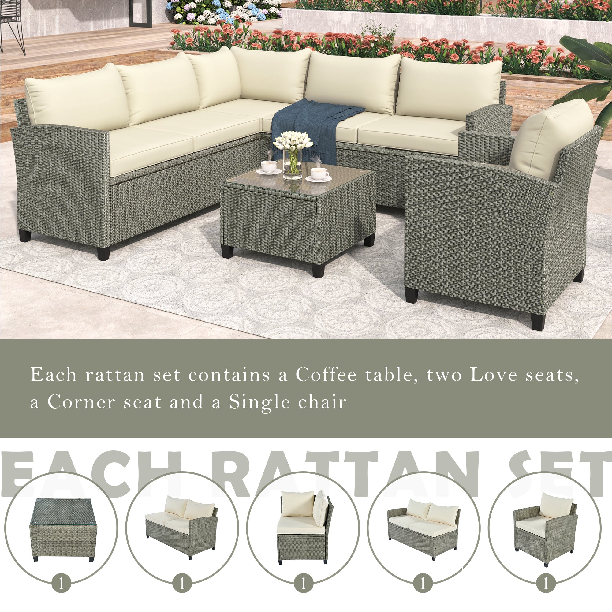 5 Piece Outdoor Rattan Reversible Patio Sofa with Coffee Table,Cushions and Single Chair