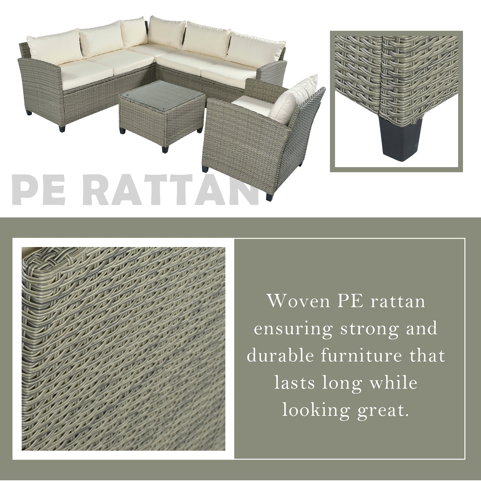 5 Piece Outdoor Rattan Reversible Patio Sofa with Coffee Table,Cushions and Single Chair