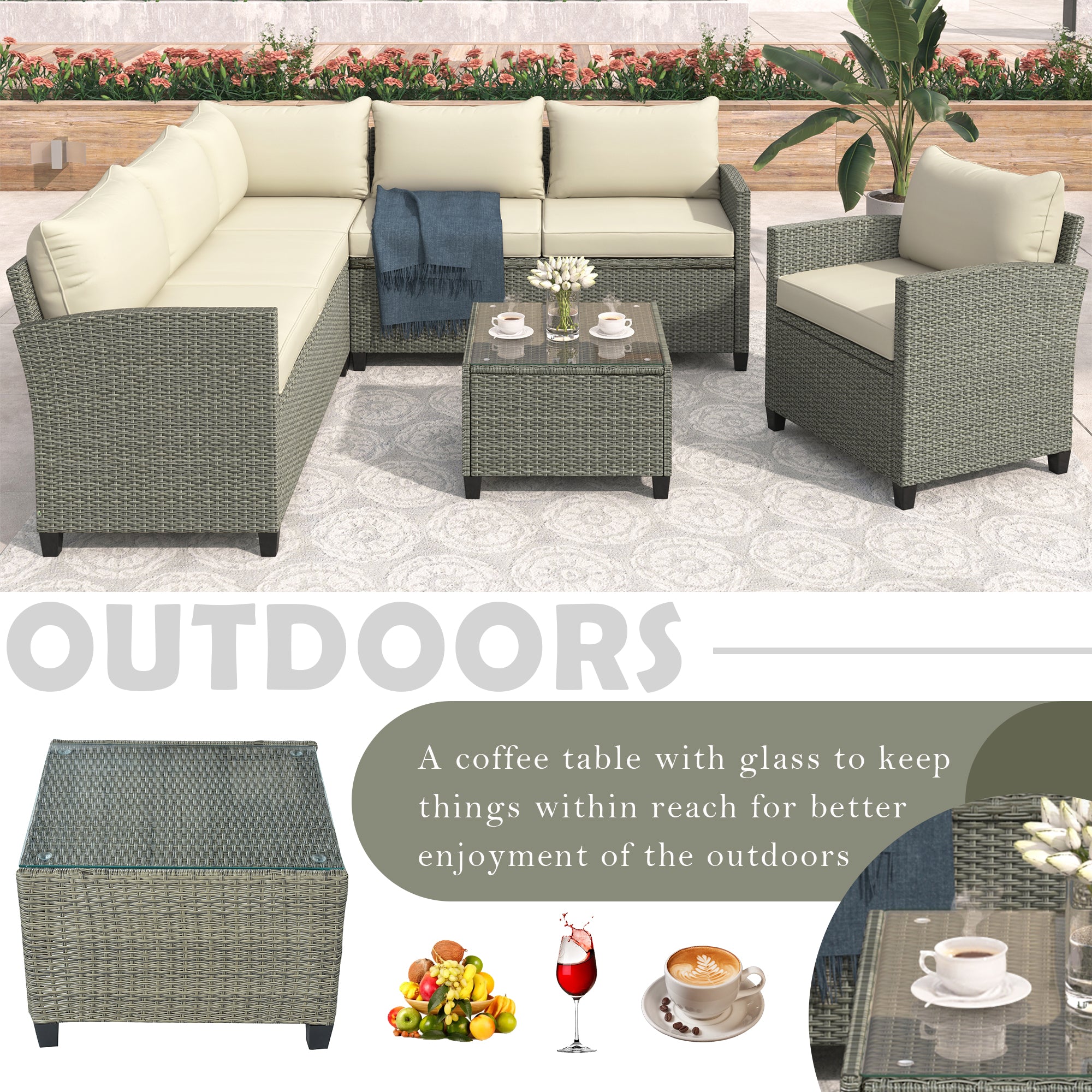 5 Piece Outdoor Rattan Reversible Patio Sofa with Coffee Table,Cushions and Single Chair