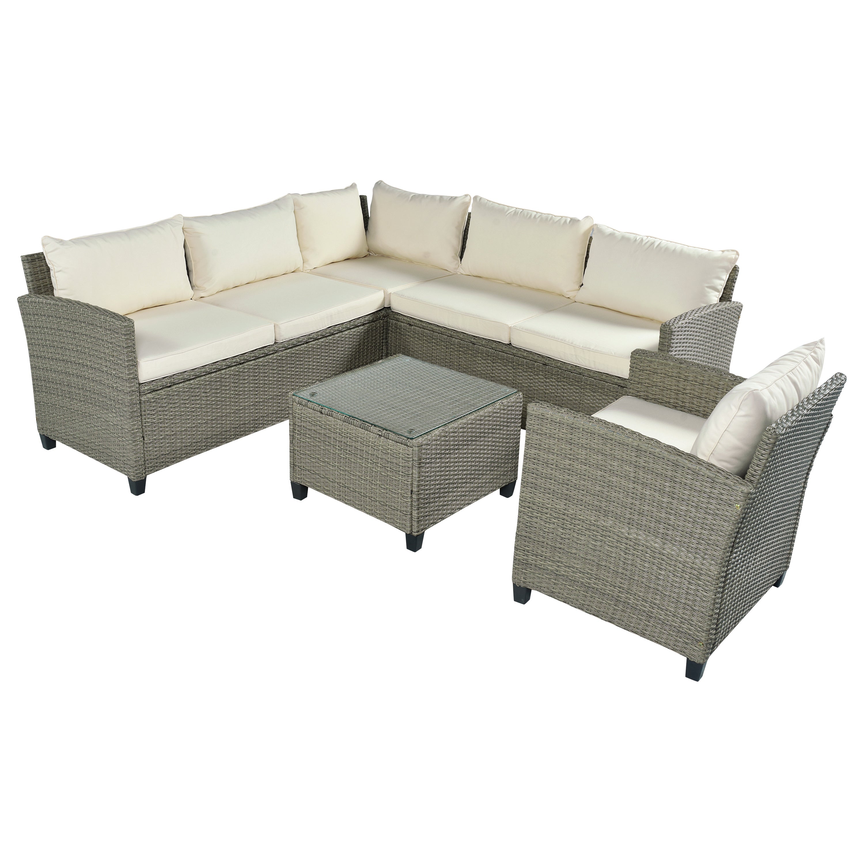 5 Piece Outdoor Rattan Reversible Patio Sofa with Coffee Table,Cushions and Single Chair
