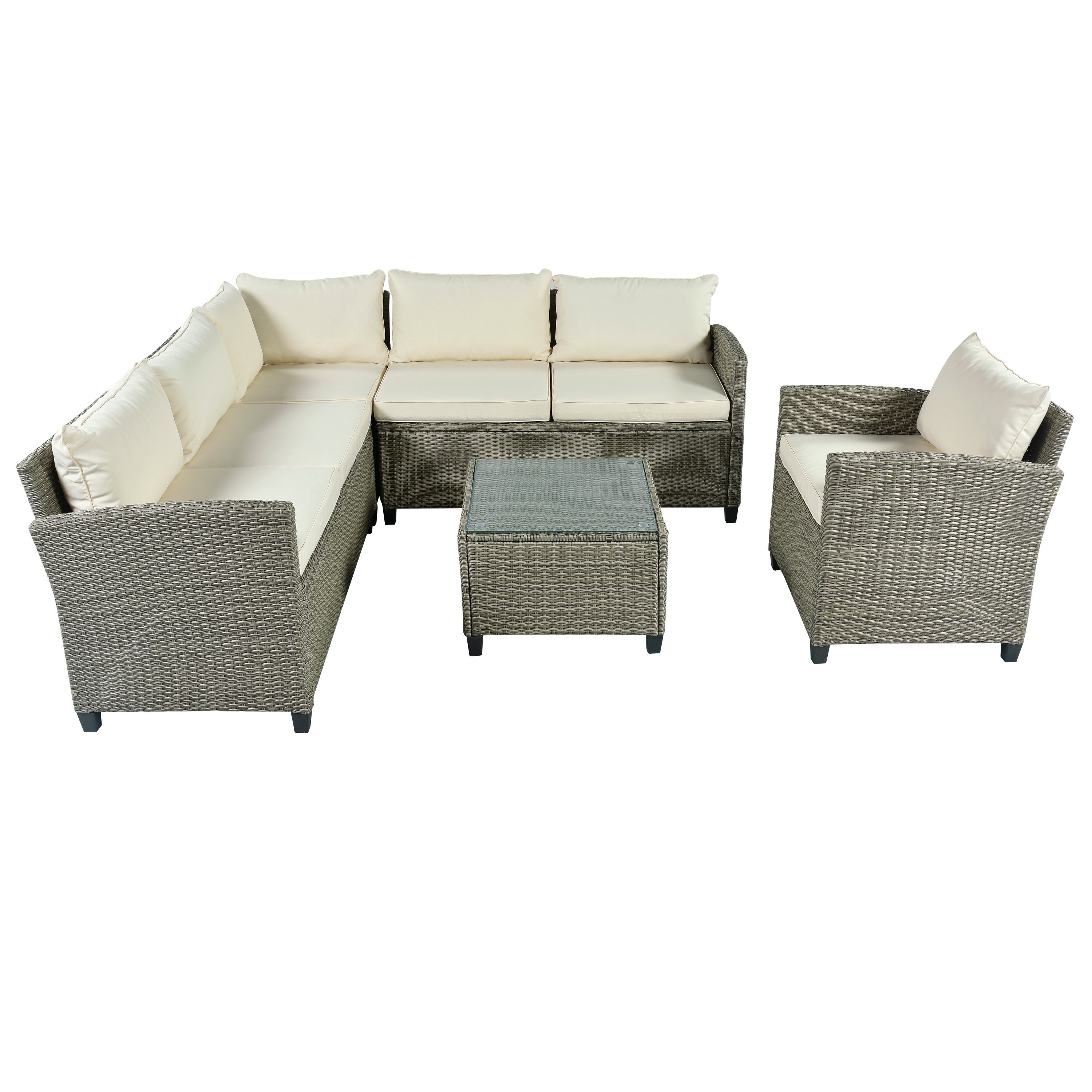 5 Piece Outdoor Rattan Reversible Patio Sofa with Coffee Table,Cushions and Single Chair