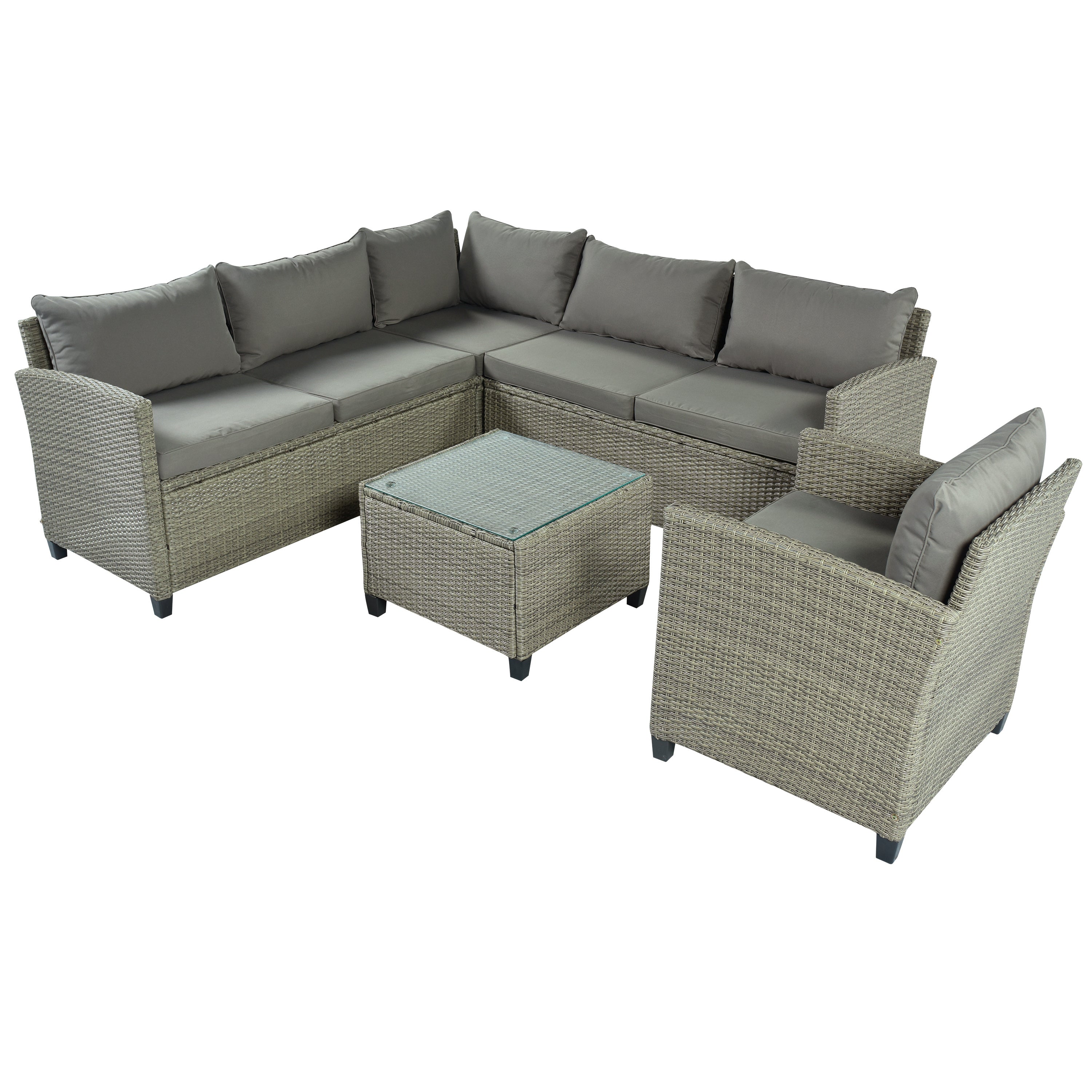 5 Piece Outdoor Rattan Reversible Patio Sofa with Coffee Table,Cushions and Single Chair