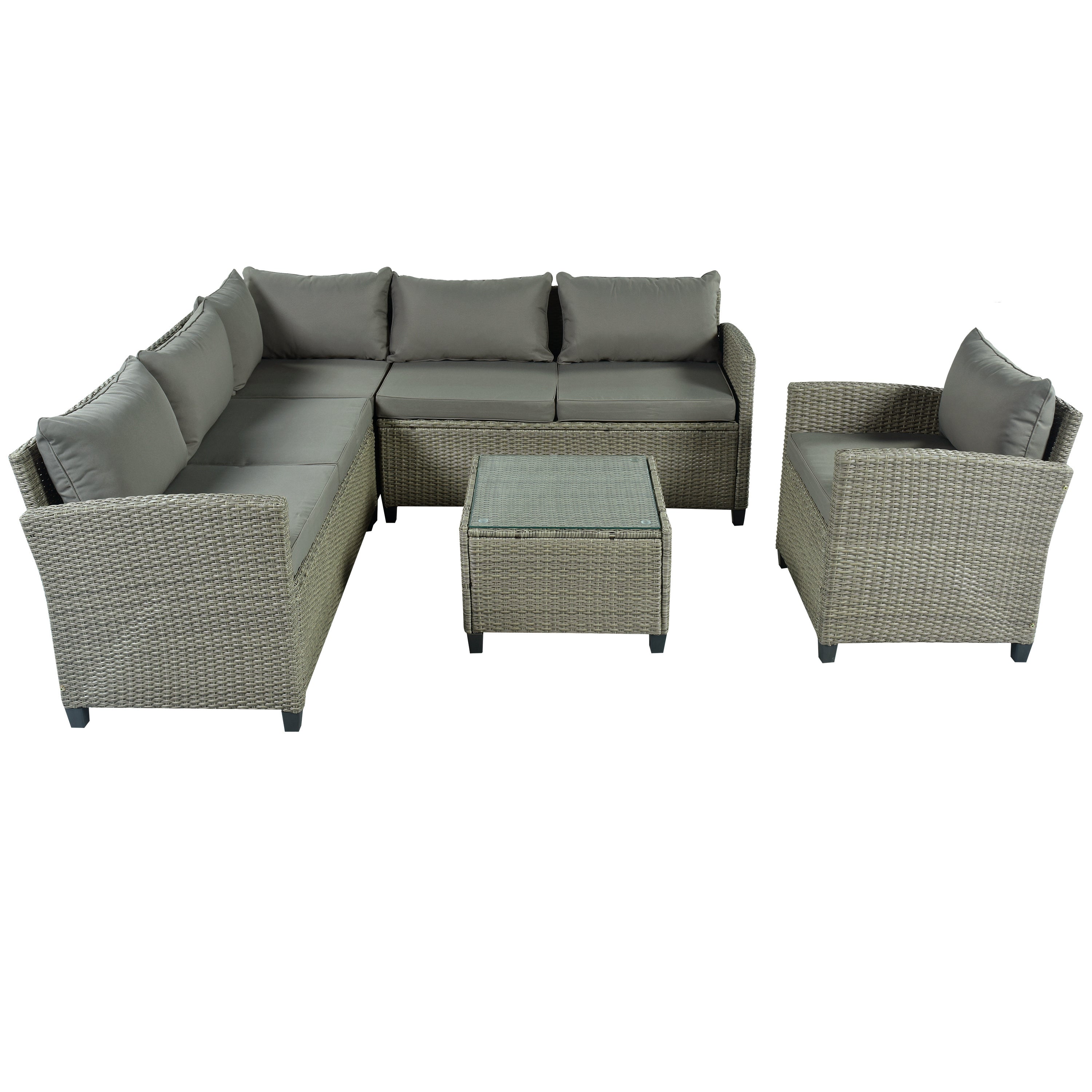 5 Piece Outdoor Rattan Reversible Patio Sofa with Coffee Table,Cushions and Single Chair