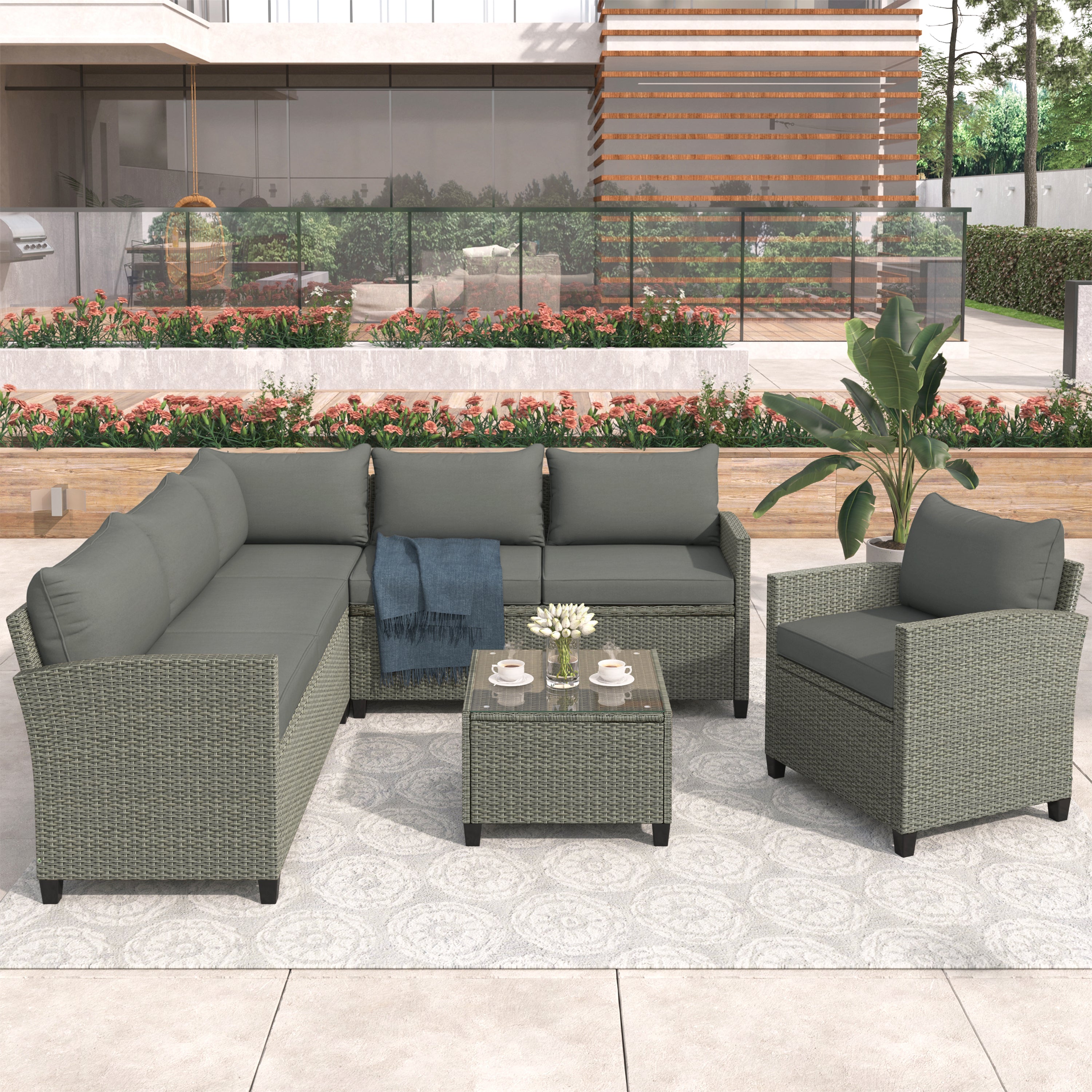 5 Piece Outdoor Rattan Reversible Patio Sofa with Coffee Table,Cushions and Single Chair