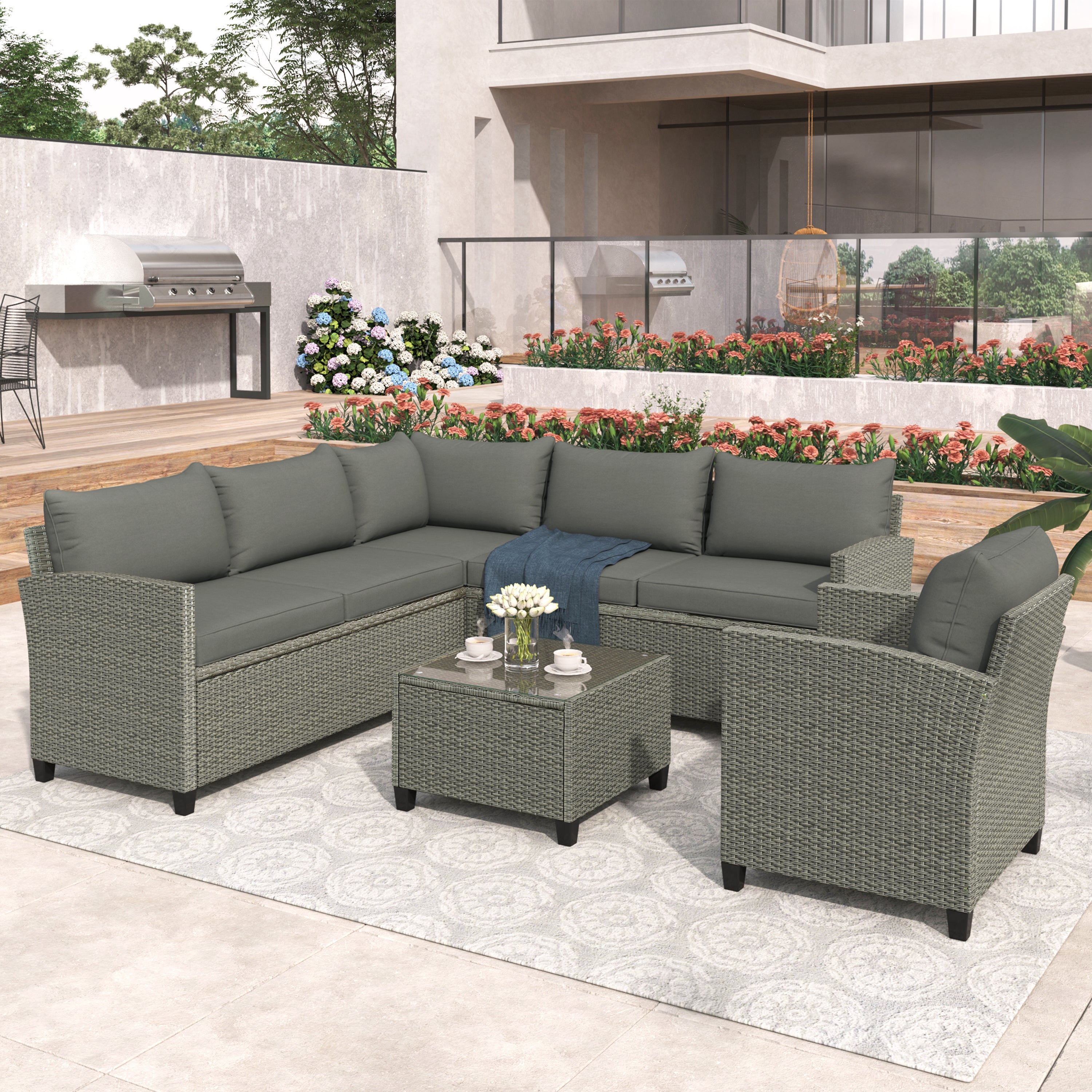5 Piece Outdoor Rattan Reversible Patio Sofa with Coffee Table,Cushions and Single Chair