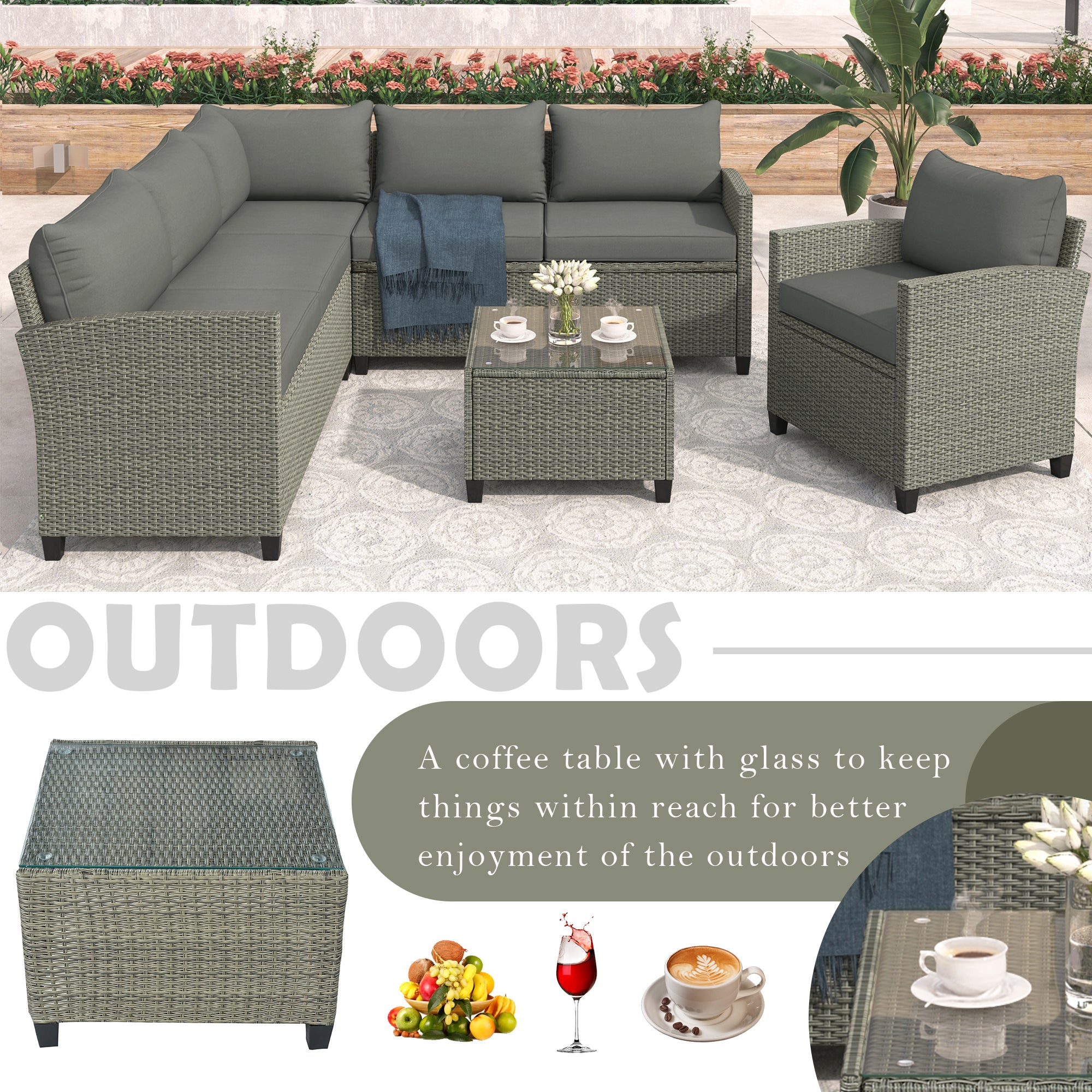 5 Piece Outdoor Rattan Reversible Patio Sofa with Coffee Table,Cushions and Single Chair
