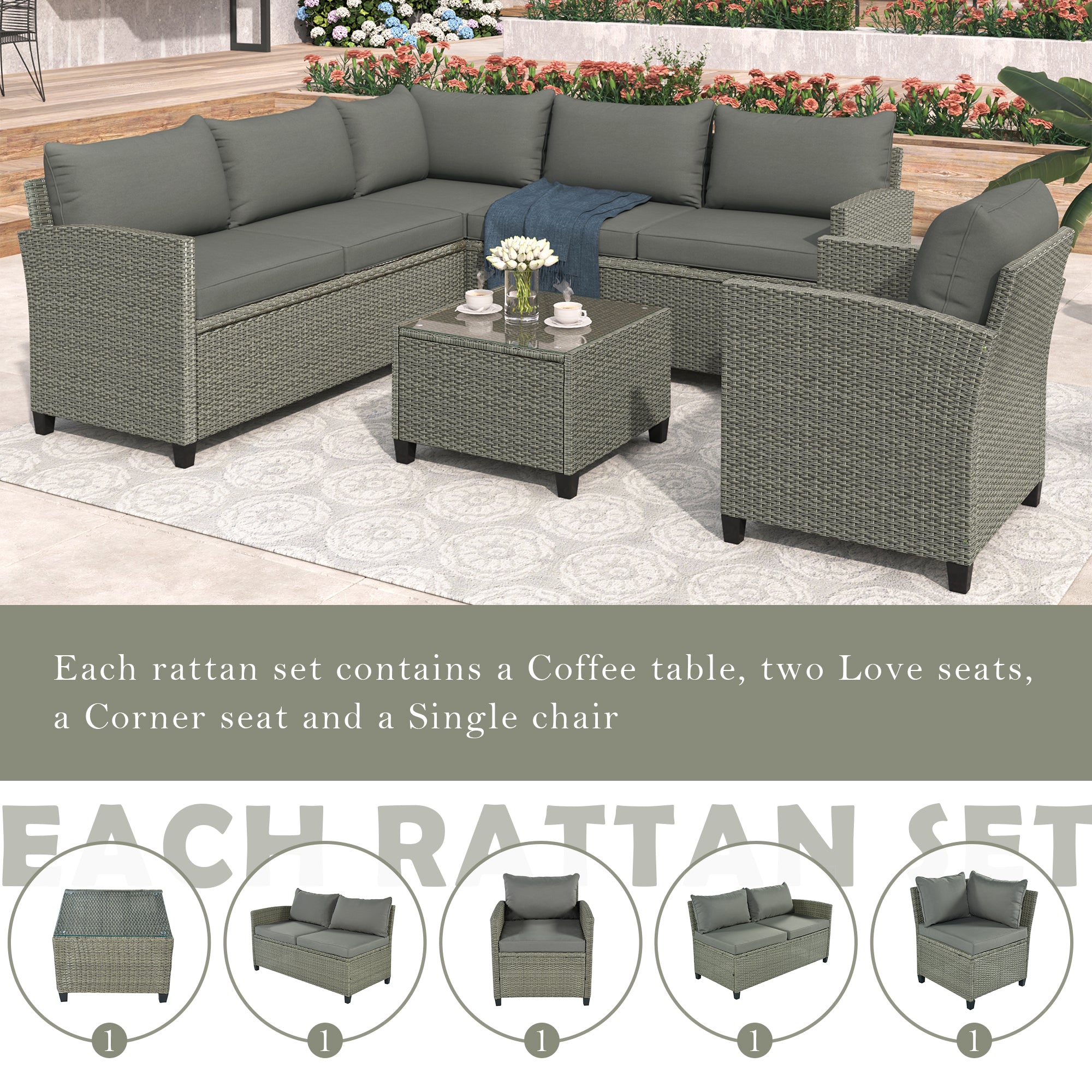 5 Piece Outdoor Rattan Reversible Patio Sofa with Coffee Table,Cushions and Single Chair