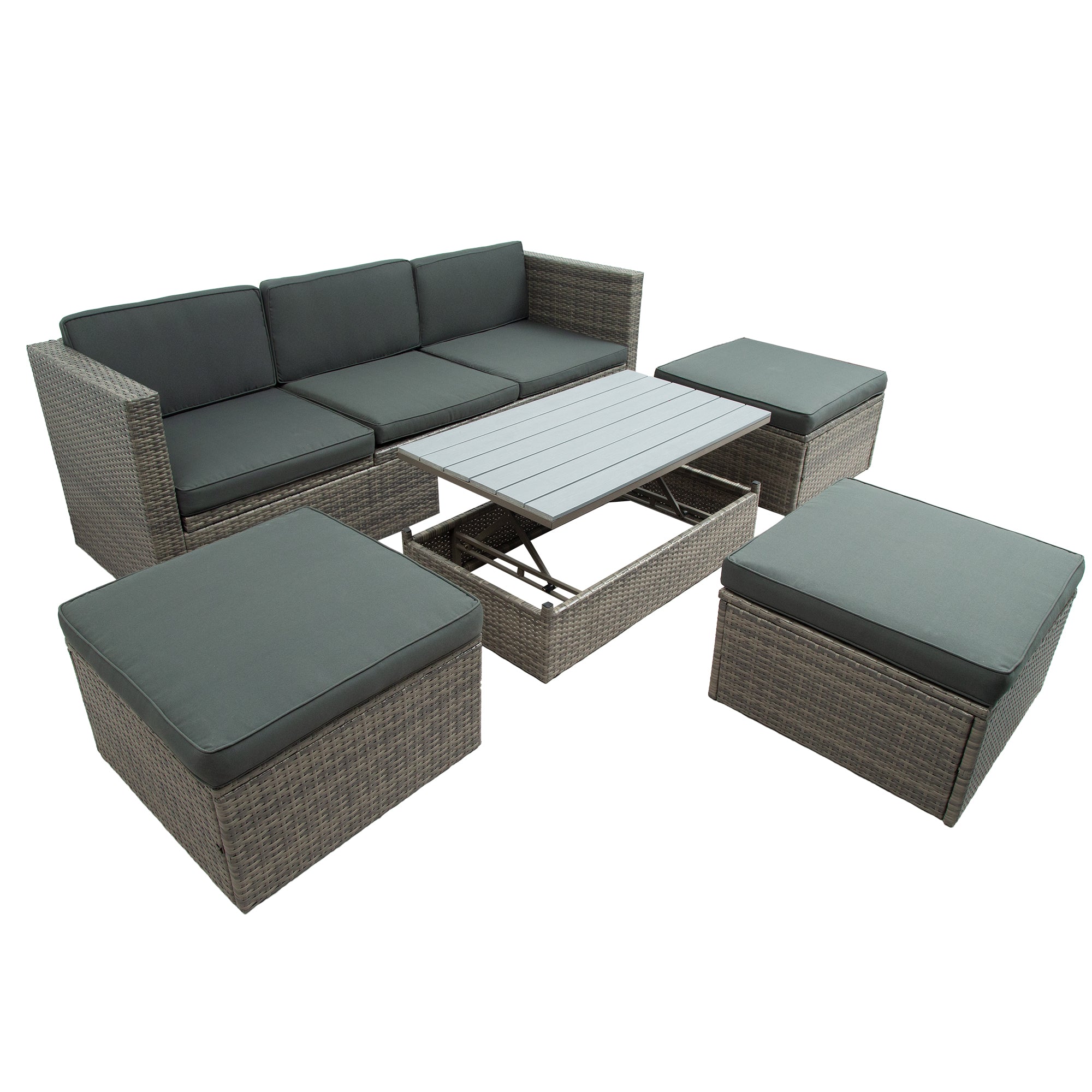 5 Piece Outdoor Rattan Patio Wicker Sofa with Adustable Backrest, Cushions, Ottomans and Lift Top Coffee Table