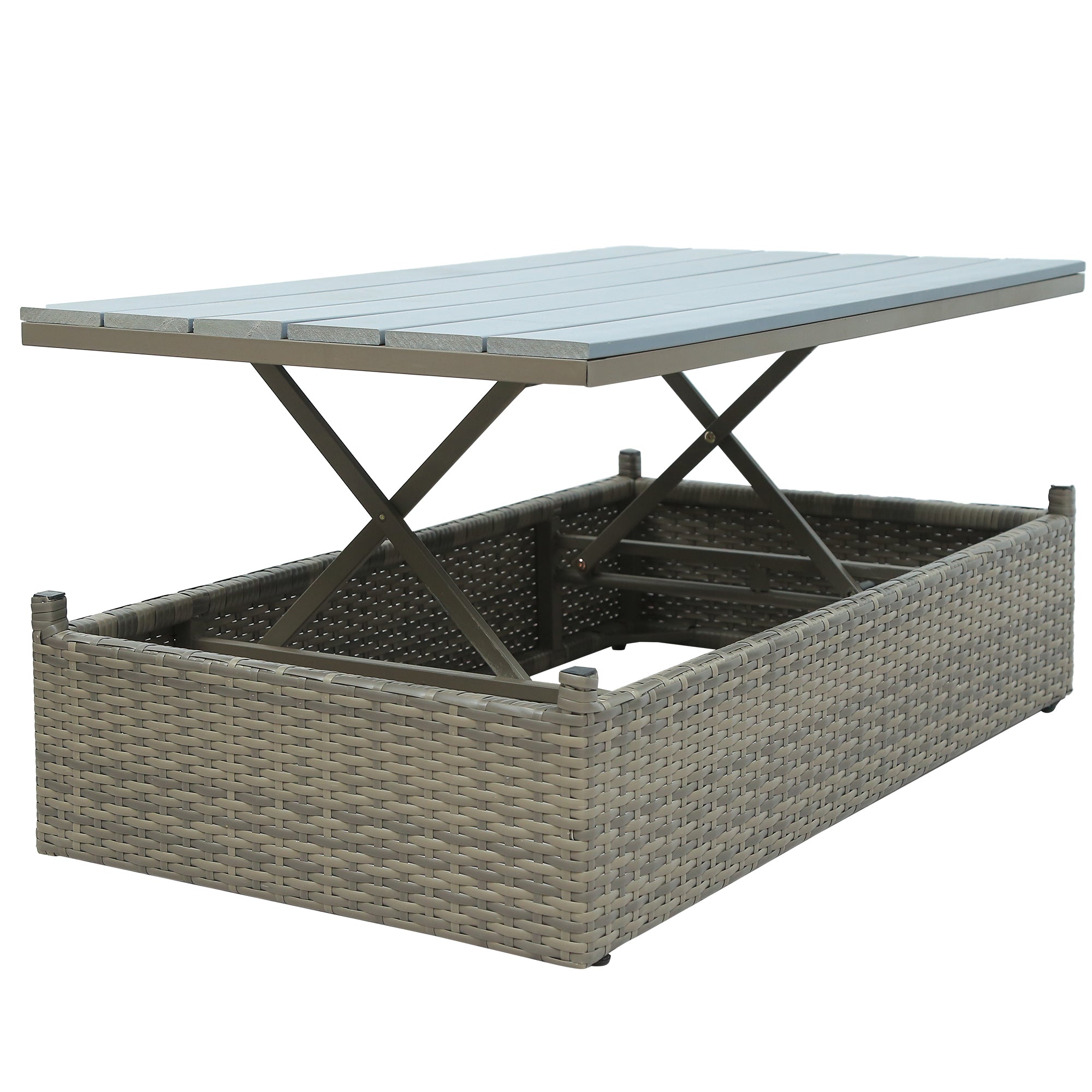 5 Piece Outdoor Rattan Patio Wicker Sofa with Adustable Backrest, Cushions, Ottomans and Lift Top Coffee Table