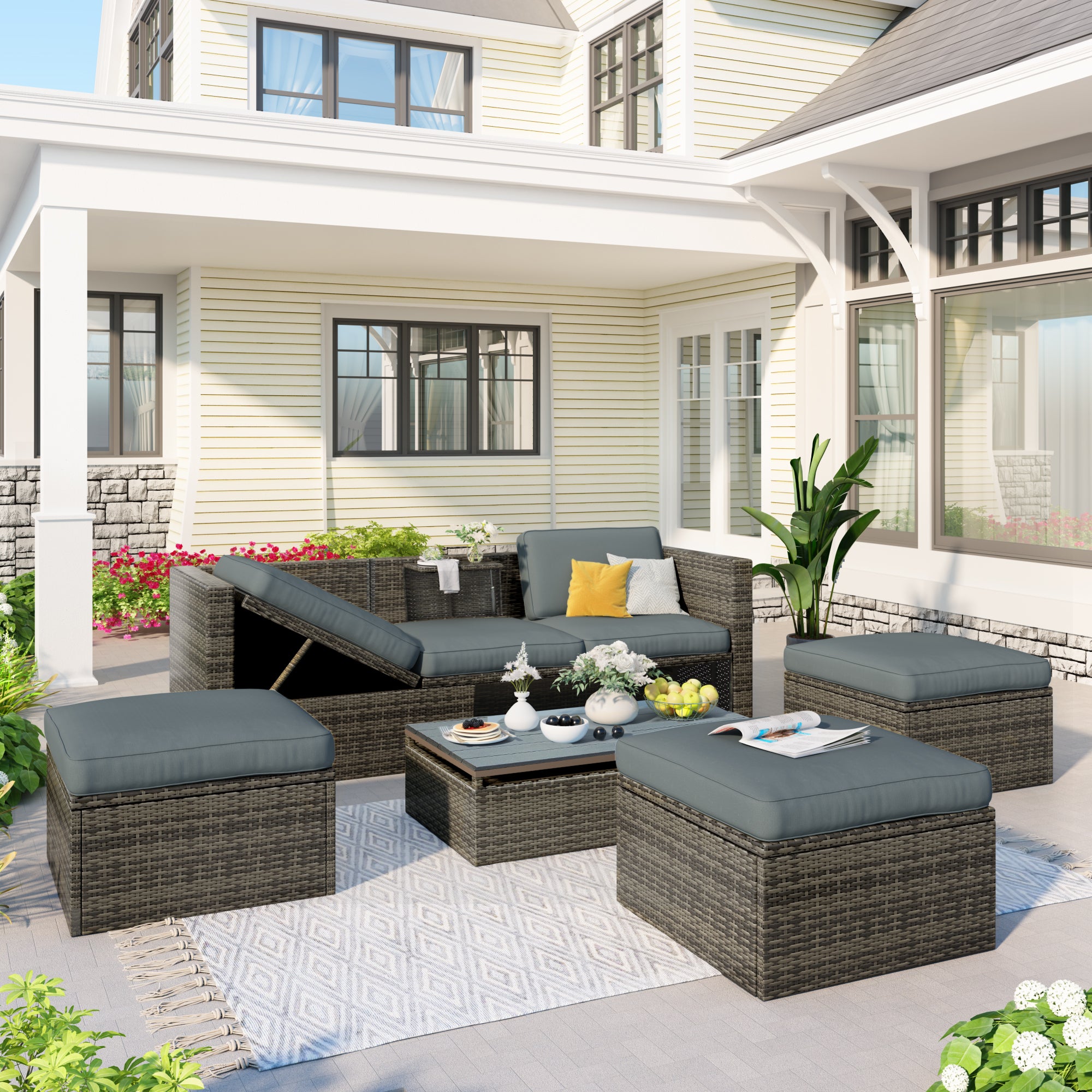 5 Piece Outdoor Rattan Patio Wicker Sofa with Adustable Backrest, Cushions, Ottomans and Lift Top Coffee Table