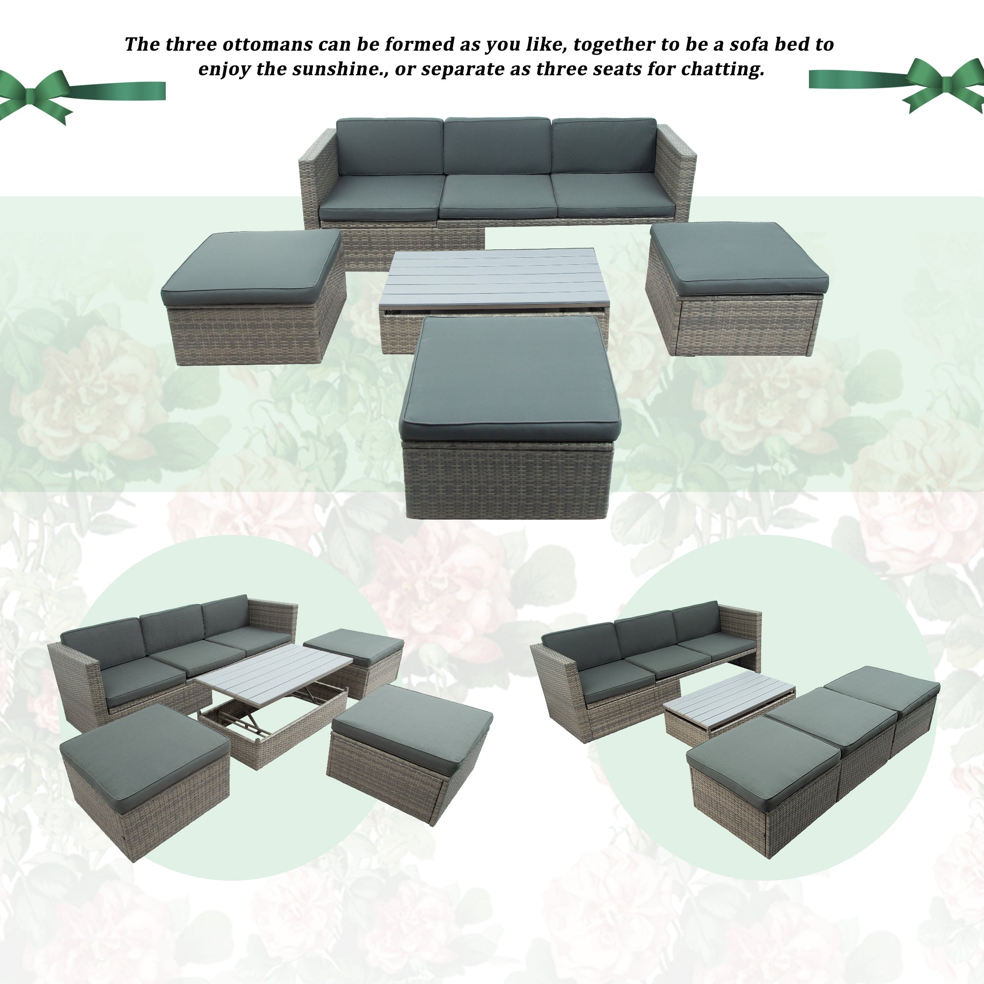 5 Piece Outdoor Rattan Patio Wicker Sofa with Adustable Backrest, Cushions, Ottomans and Lift Top Coffee Table