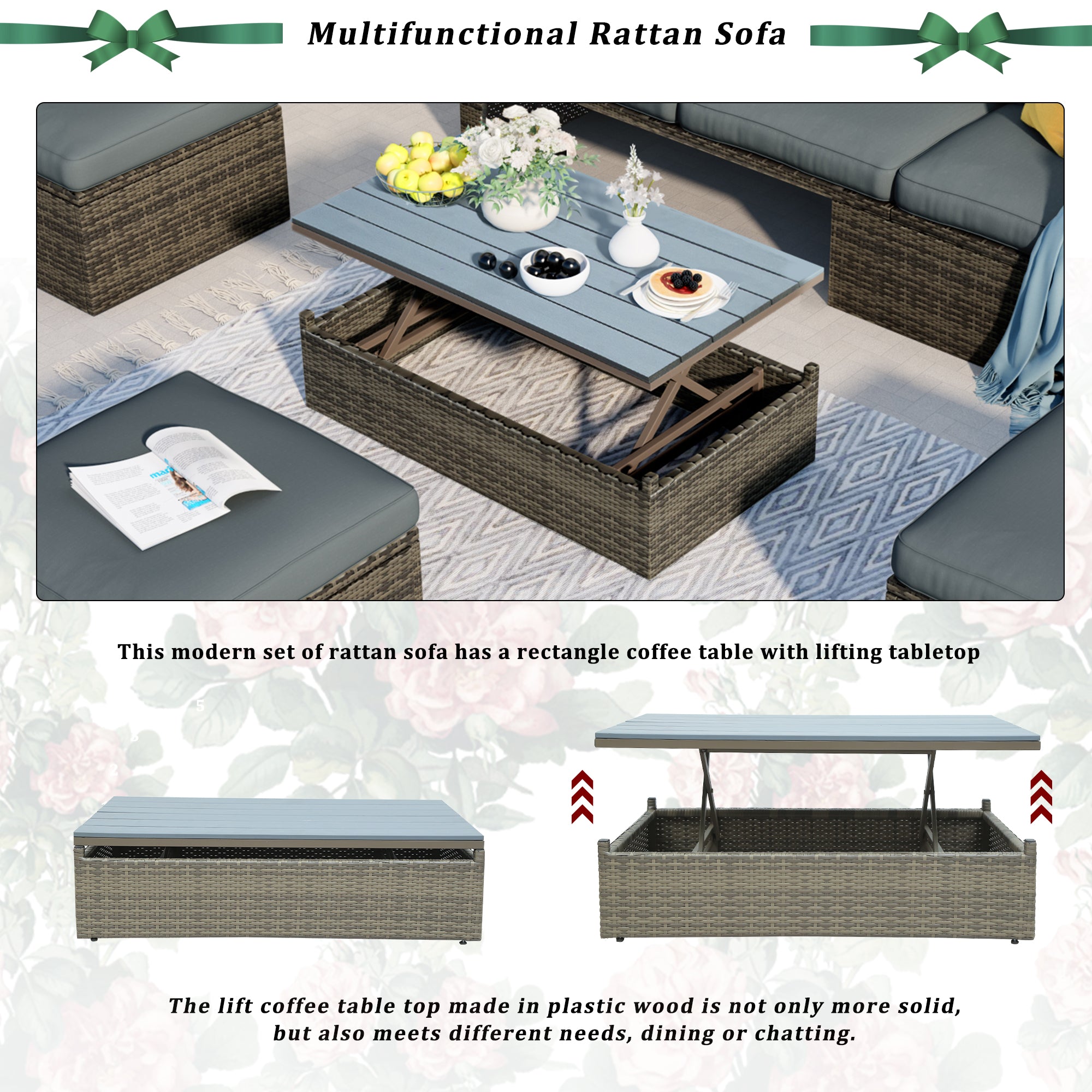 5 Piece Outdoor Rattan Patio Wicker Sofa with Adustable Backrest, Cushions, Ottomans and Lift Top Coffee Table